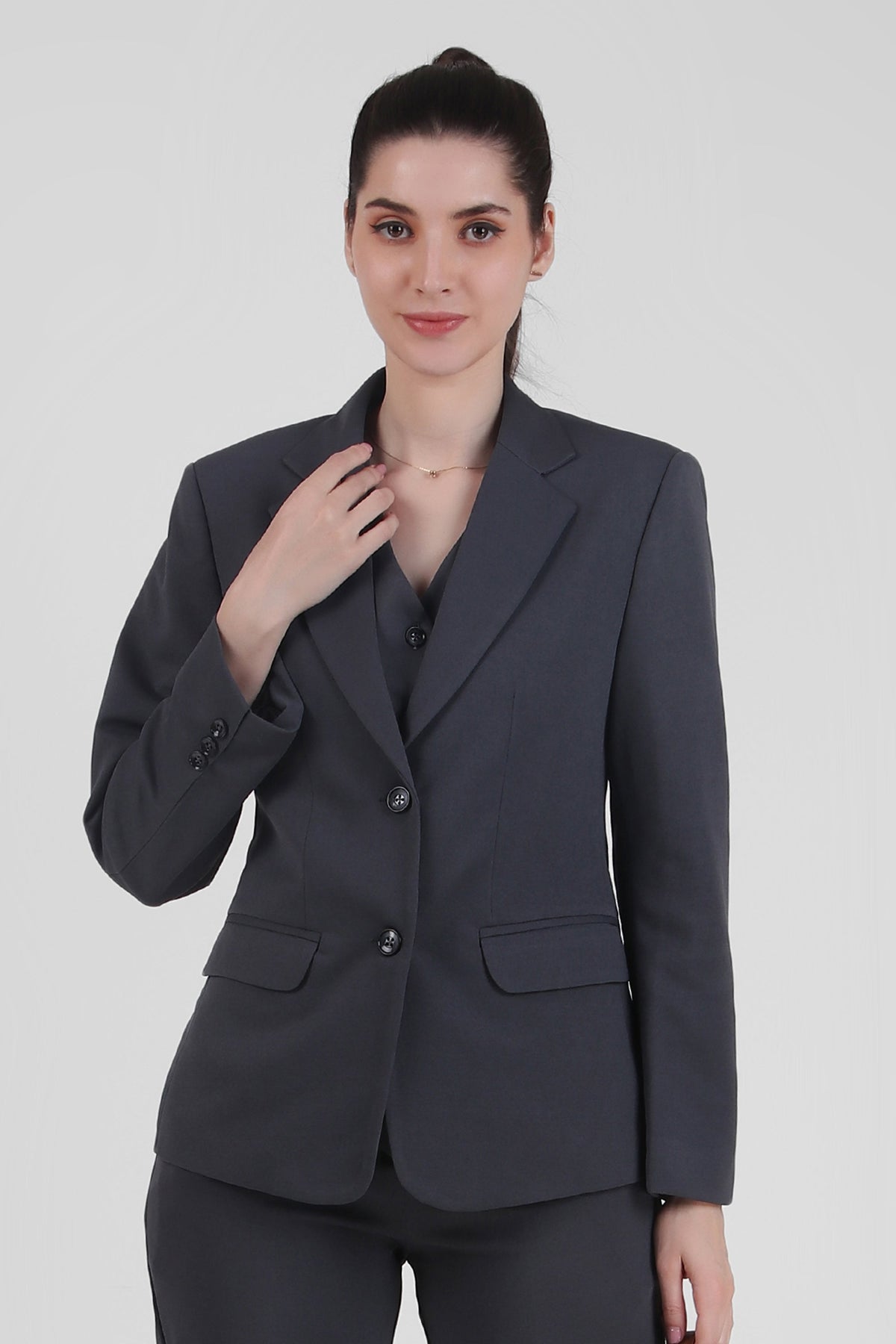 Stretch Crepe Single Breasted Blazer, Bluish Gray