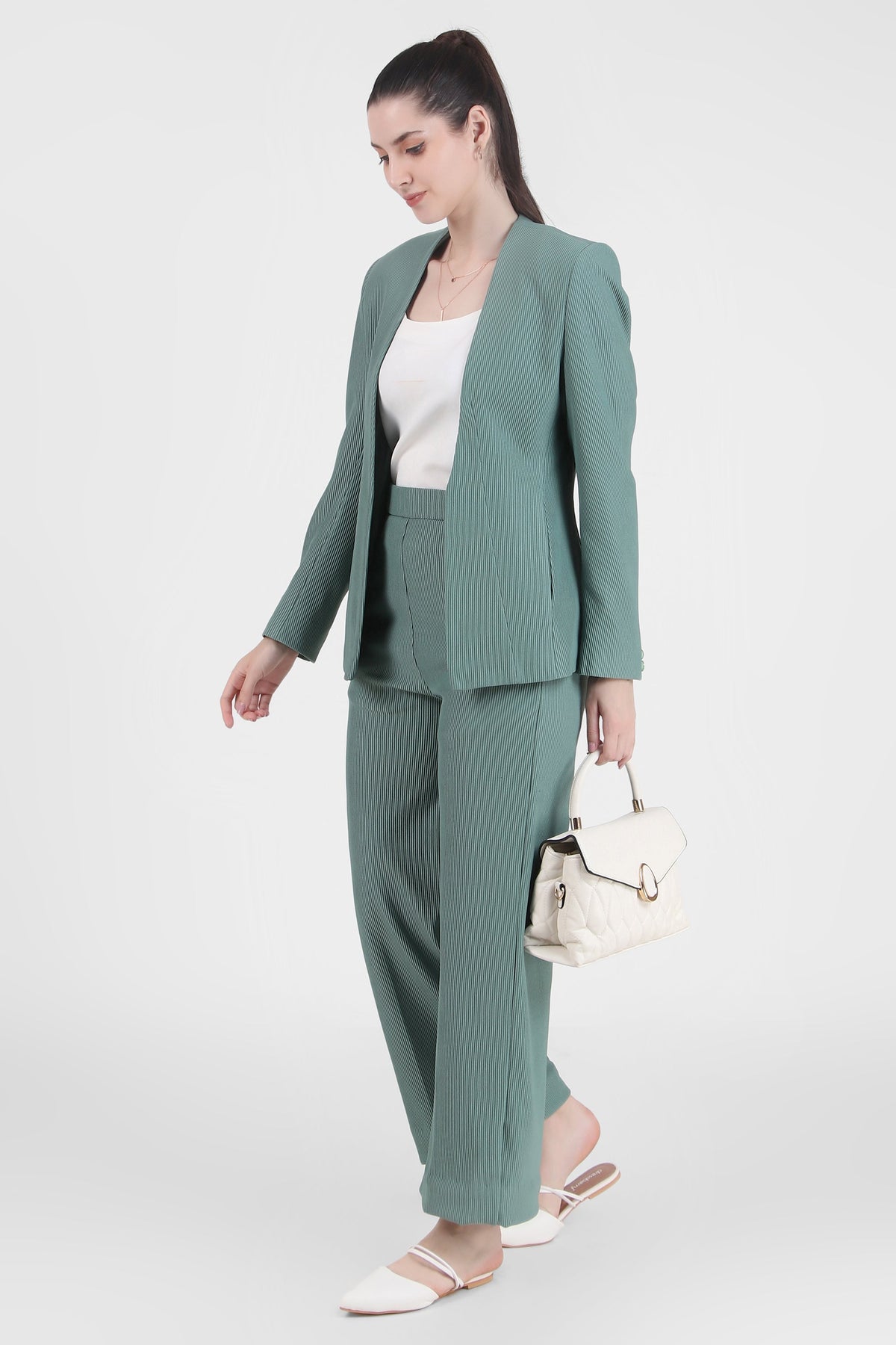 Front Open Style Cord Crepe Blazer, Sea Green