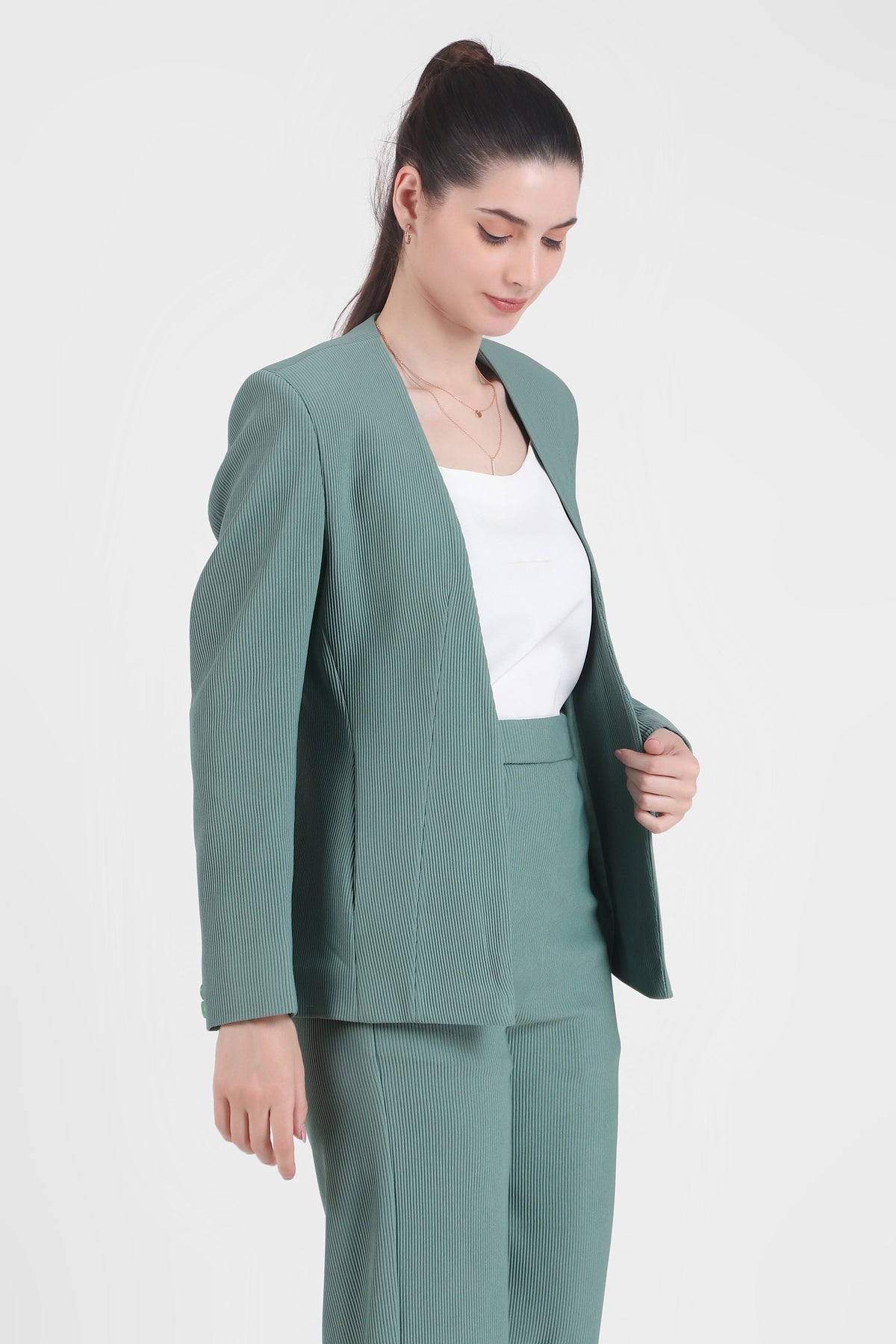 Front Open Style Cord Crepe Blazer, Sea Green