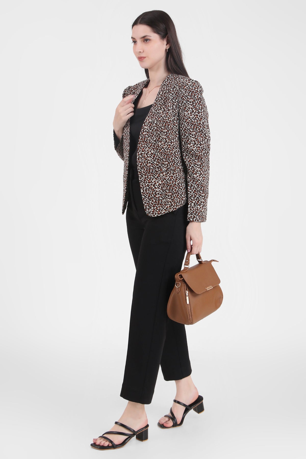 Leopard Puff Sleeves Front Open Style Blazer
