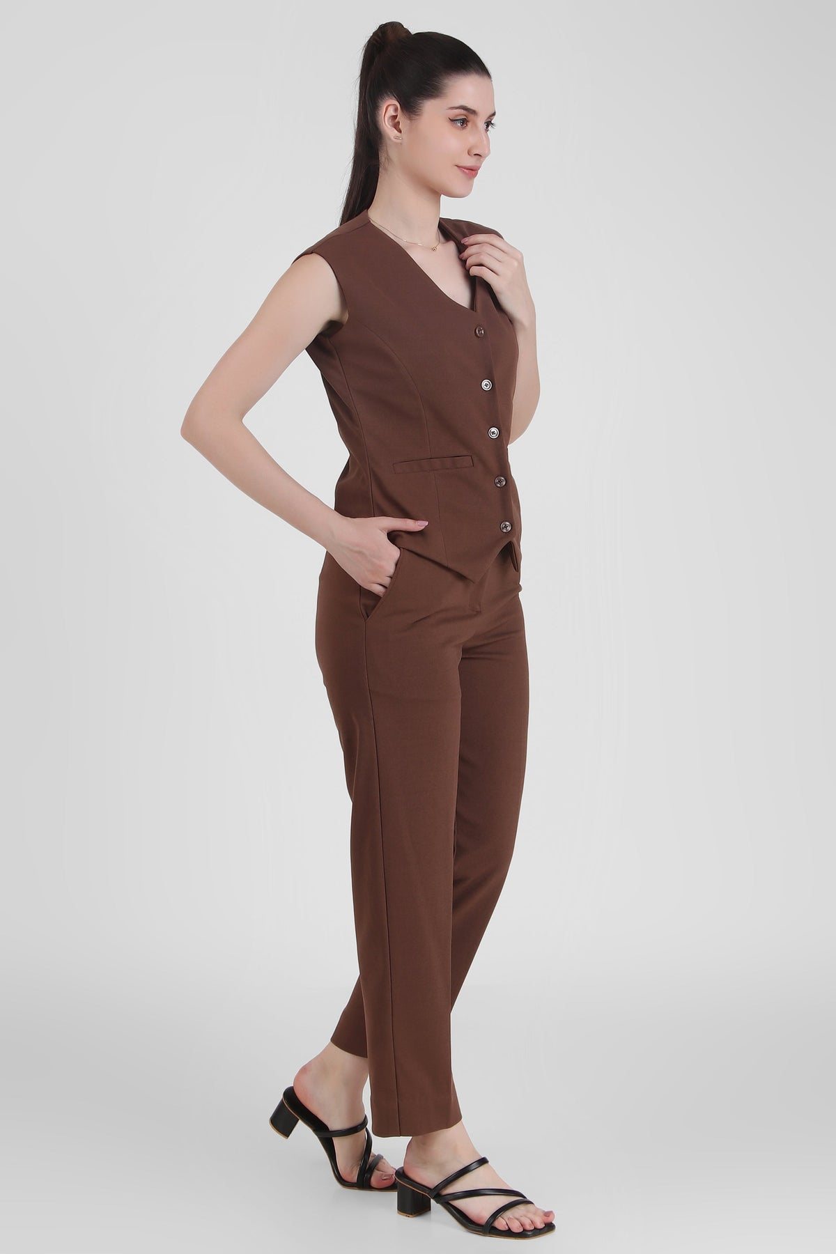 Waistcoat And Trousers Co-ord Set - Brown