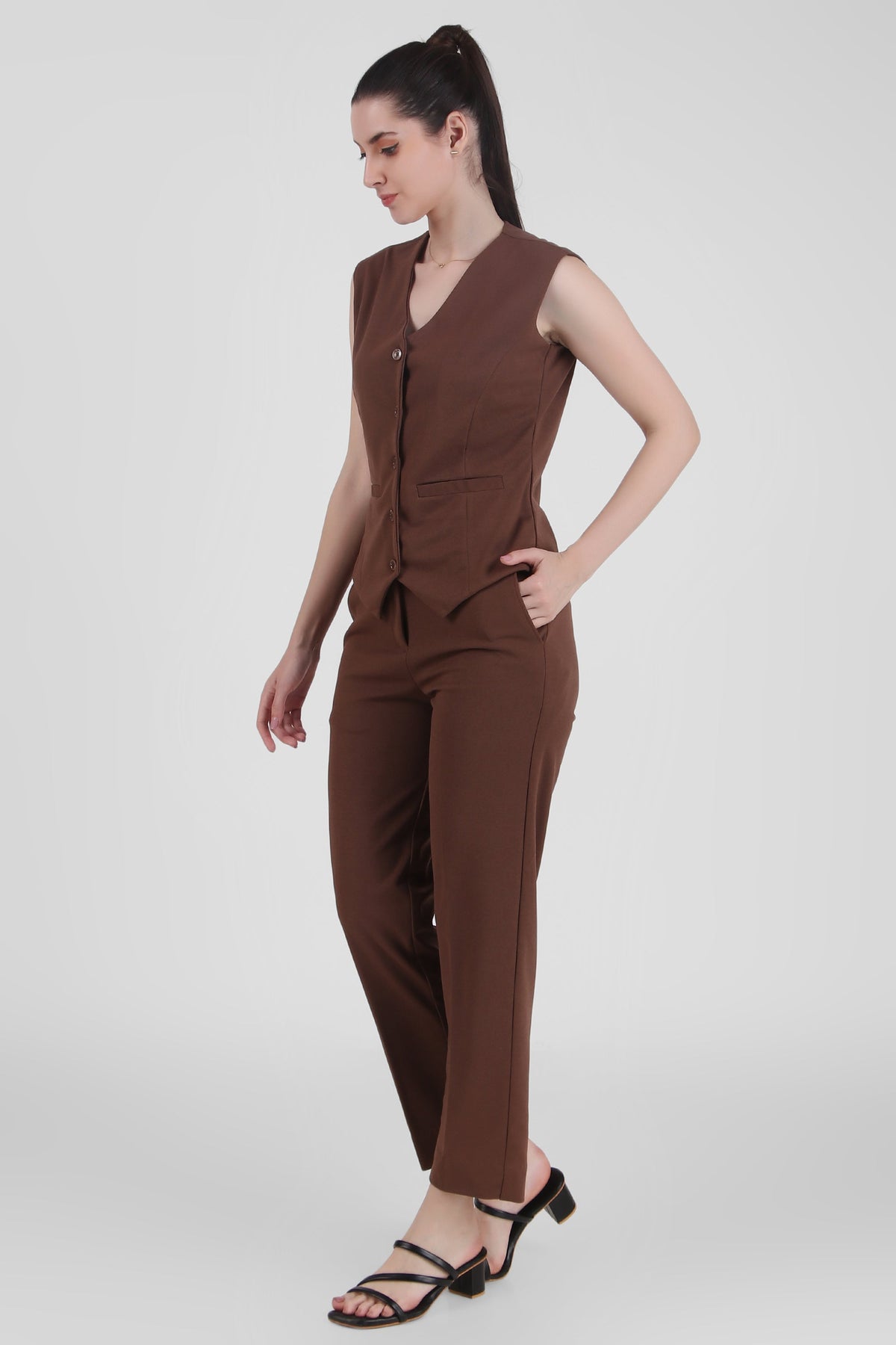 Waistcoat And Trousers Co-ord Set - Brown