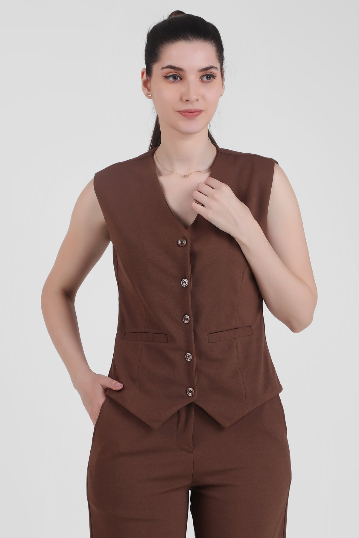 Waistcoat And Trousers Co-ord Set - Brown