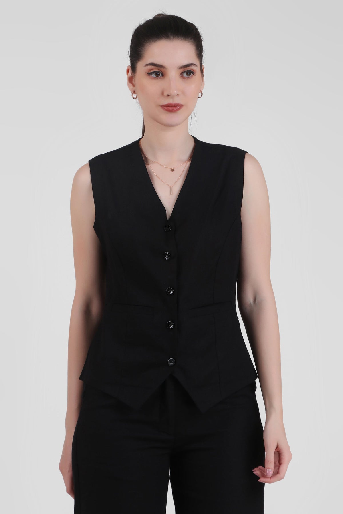 Linen Blend, Waistcoat And Trousers Co-ord Set - Black