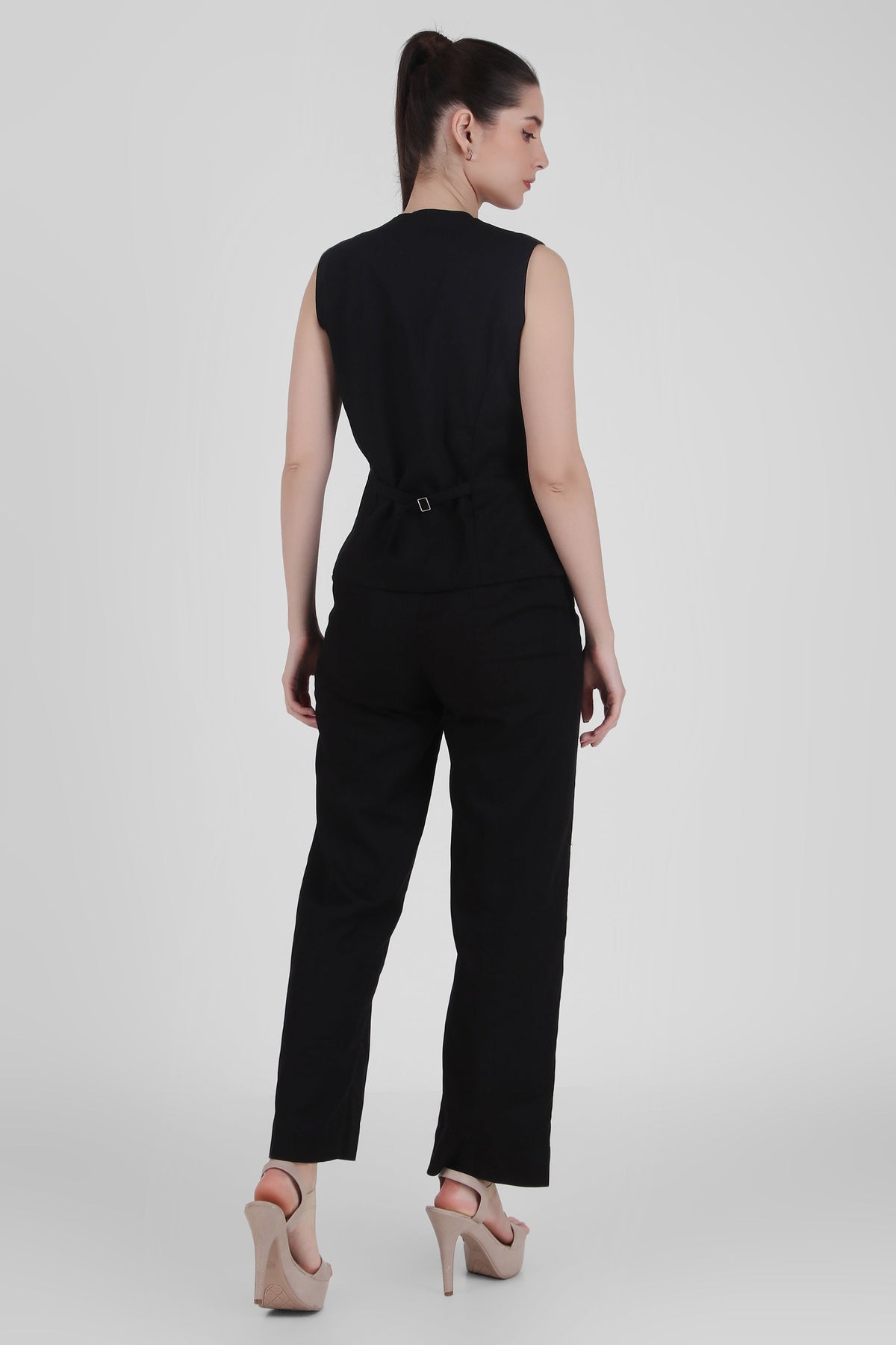 Linen Blend, Waistcoat And Trousers Co-ord Set - Black