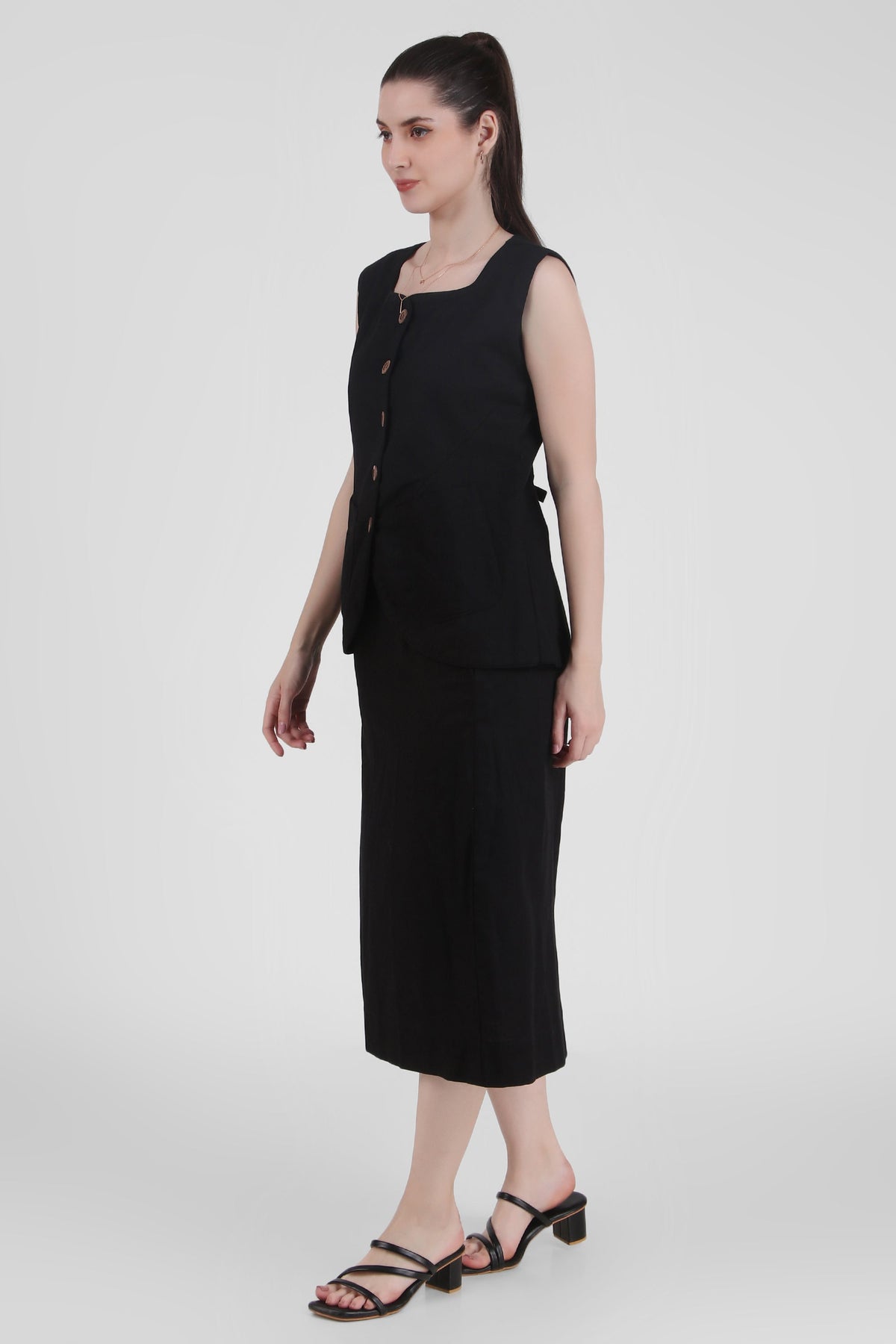 Linen Blend Skirt with Vest Style Top, Black