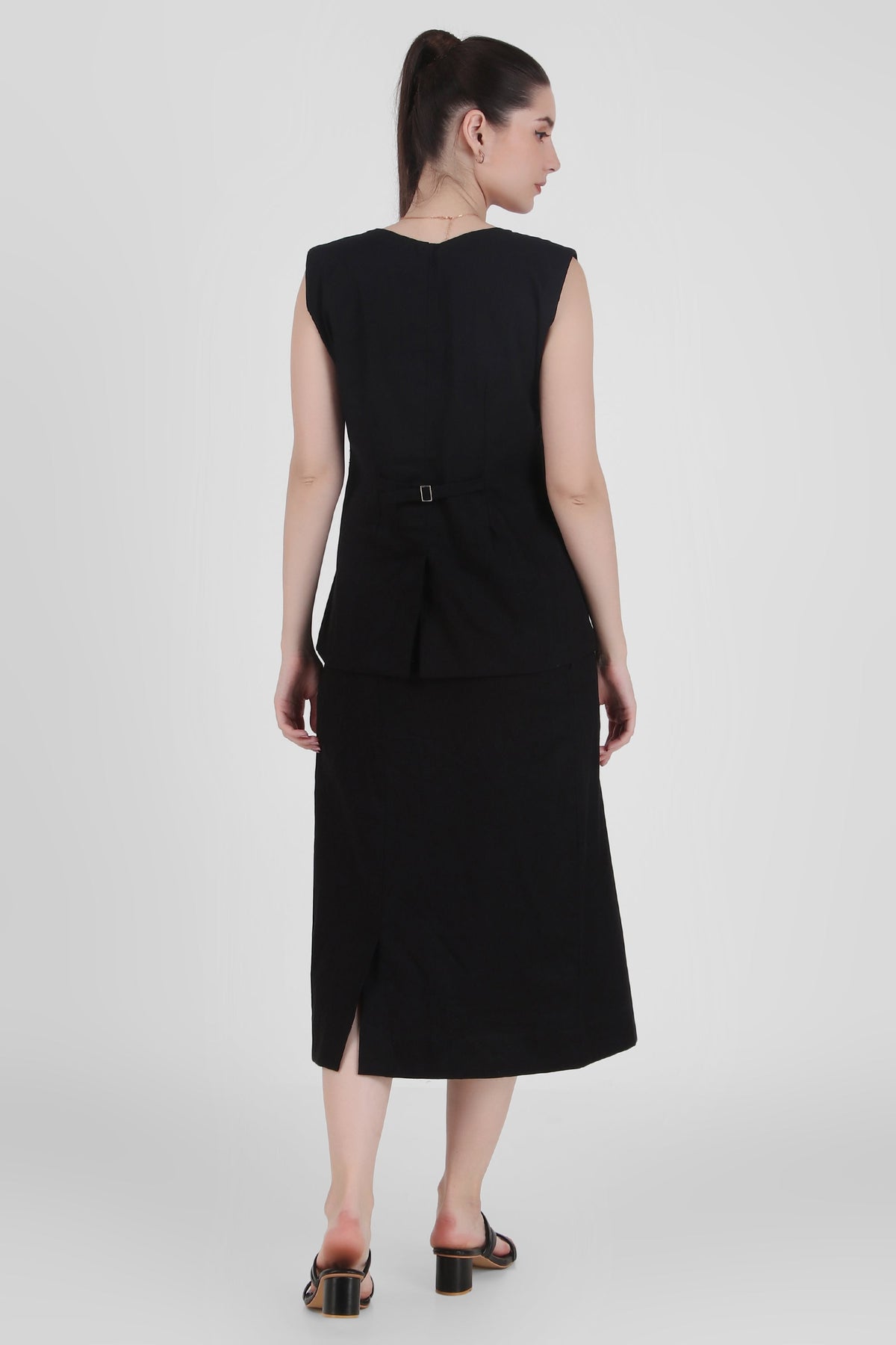 Linen Blend Skirt with Vest Style Top, Black