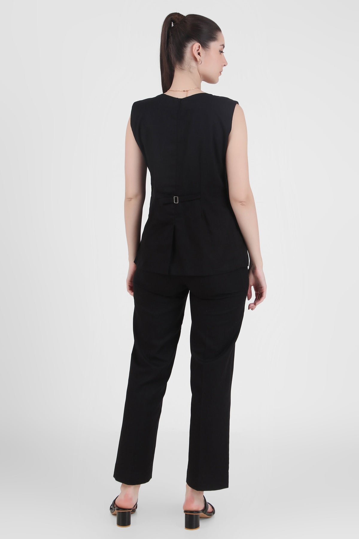 Linen Blend Vest Style Top with Straight Pants, Black