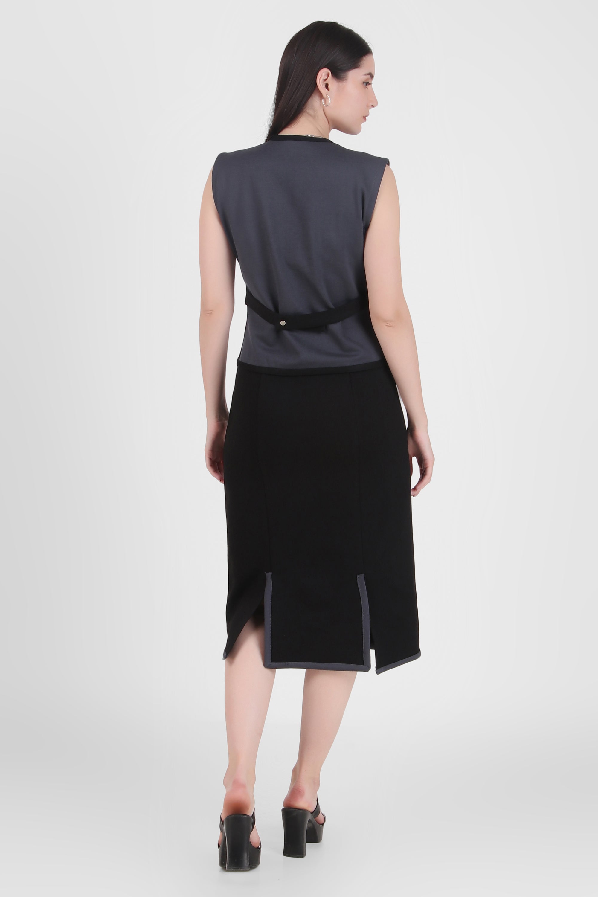 Tailored Vest Pencil Midi Dress – Charcoal Threads