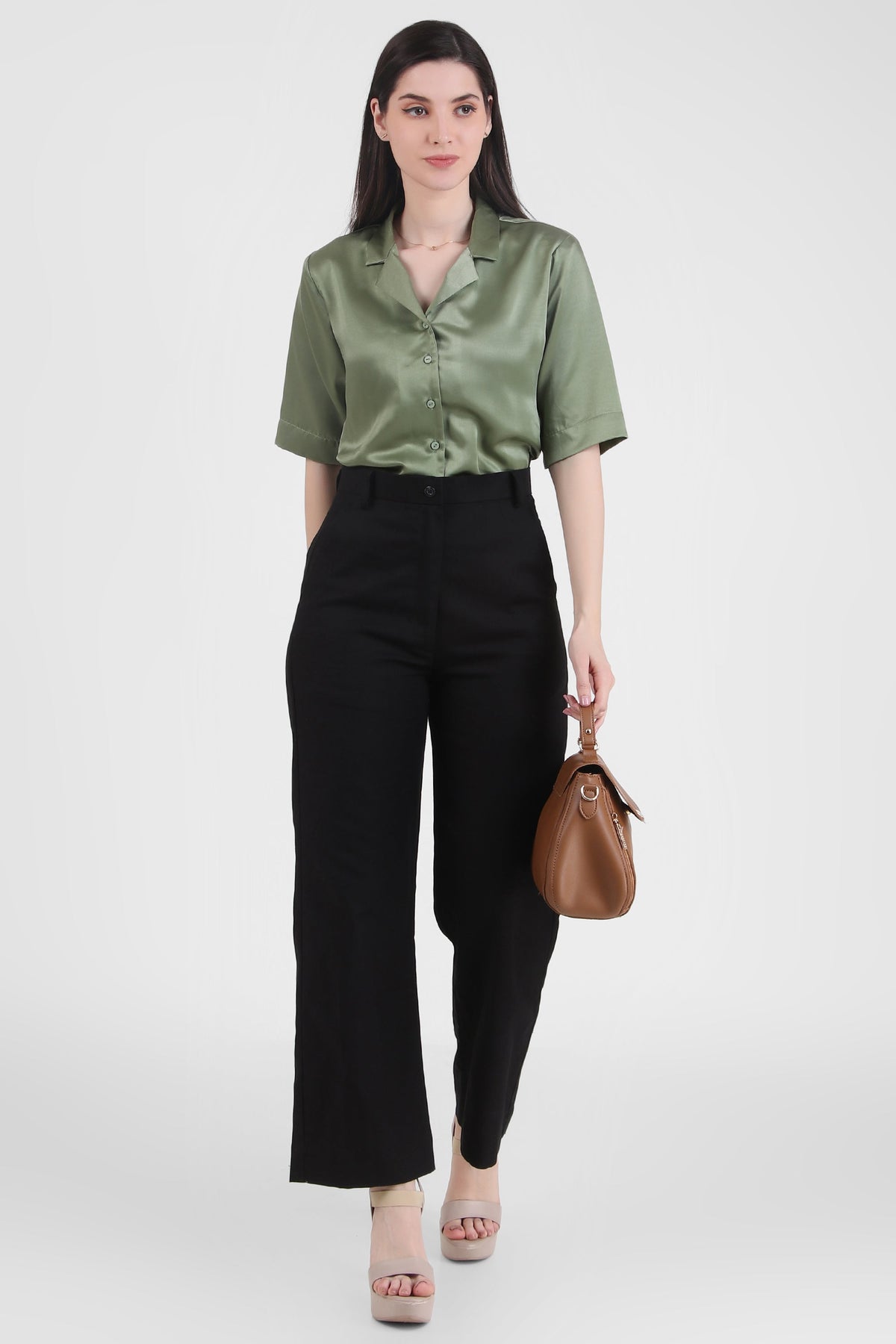 Short Sleeve Satin Shirt, Sage Green