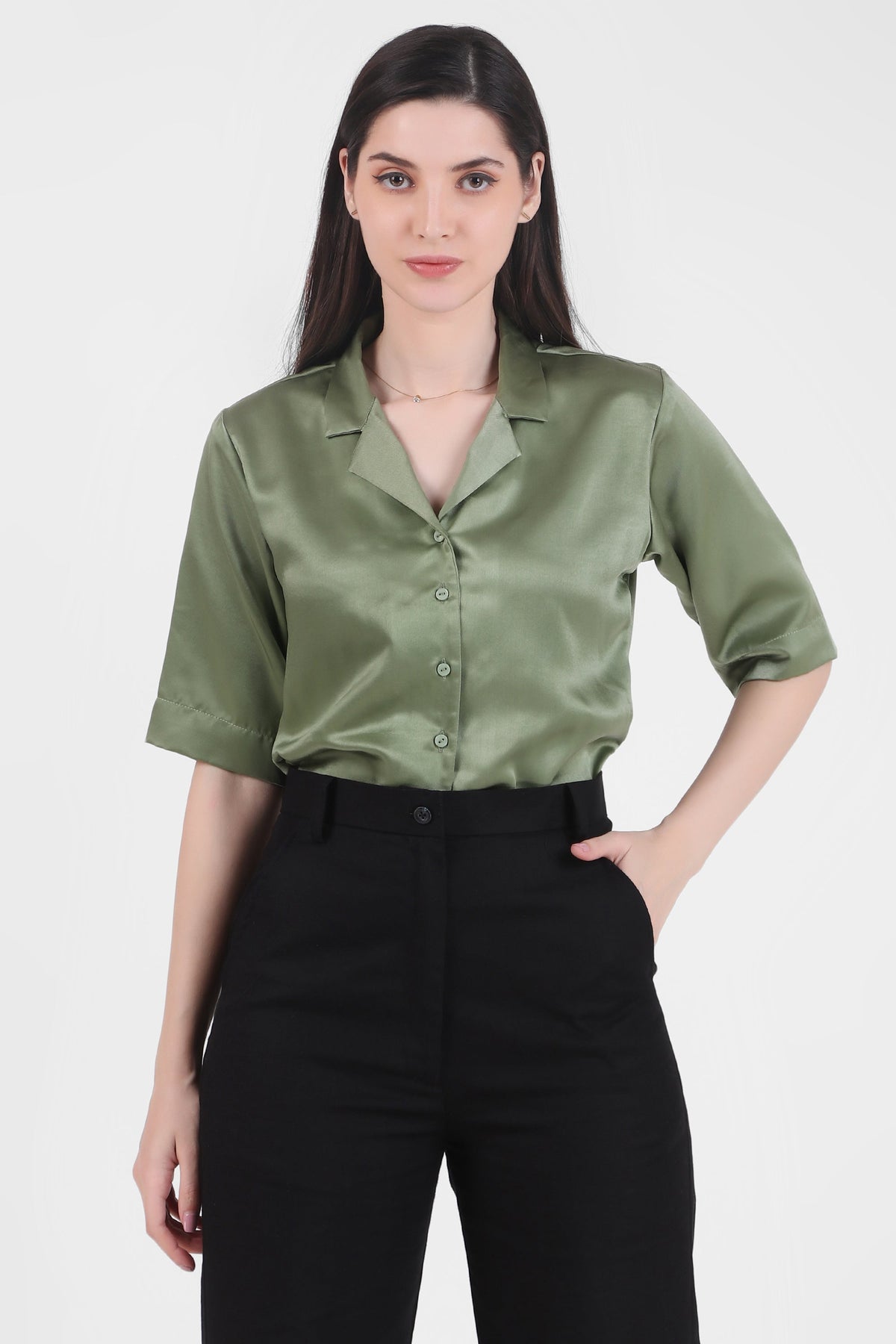 Short Sleeve Satin Shirt, Sage Green