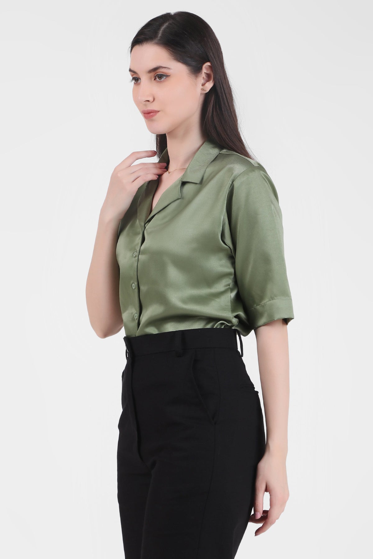 Short Sleeve Satin Shirt, Sage Green