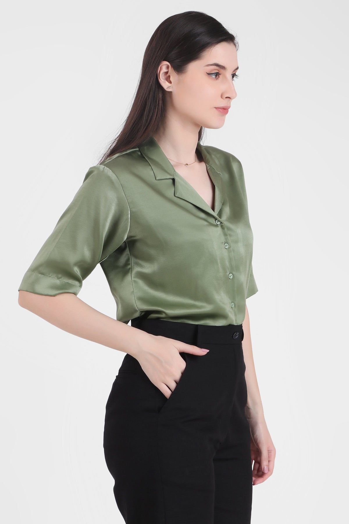 Short Sleeve Satin Shirt, Sage Green