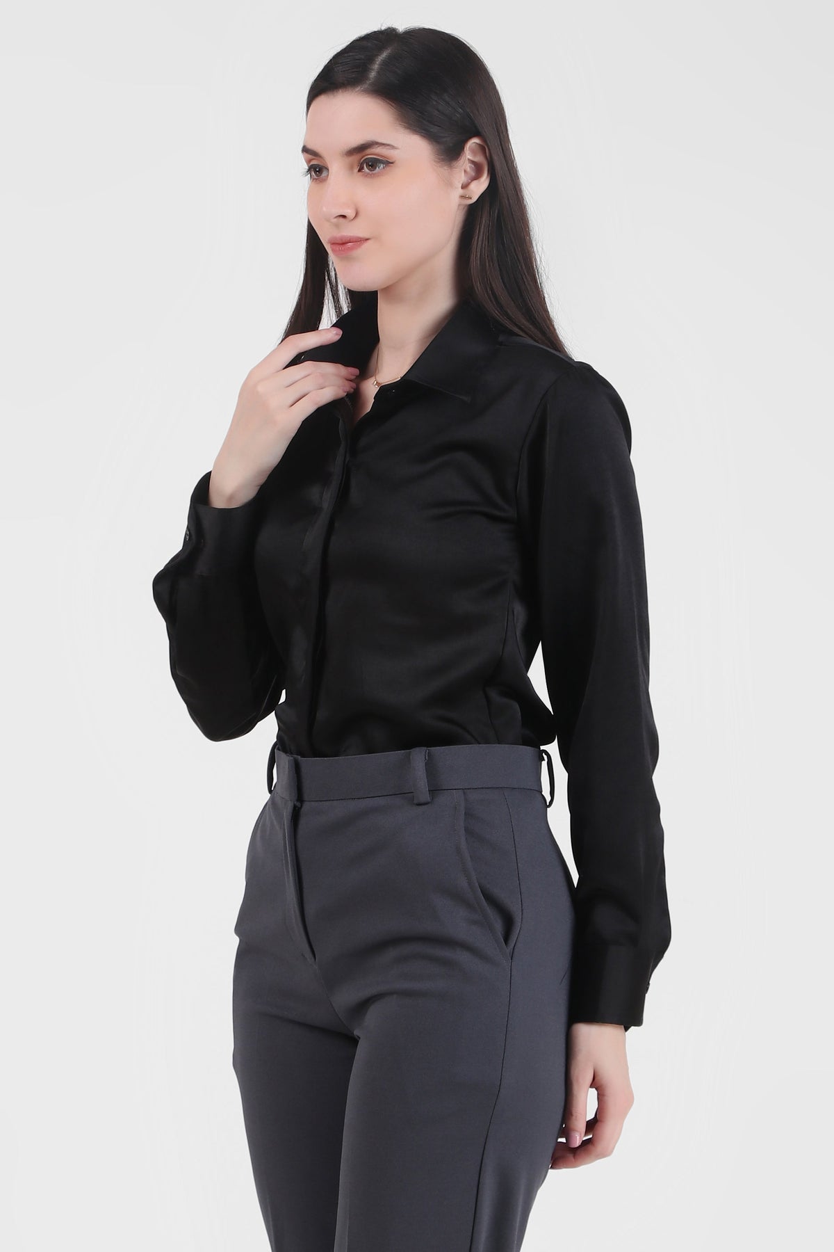 Satin Button Down Full Sleeves Shirt, Black