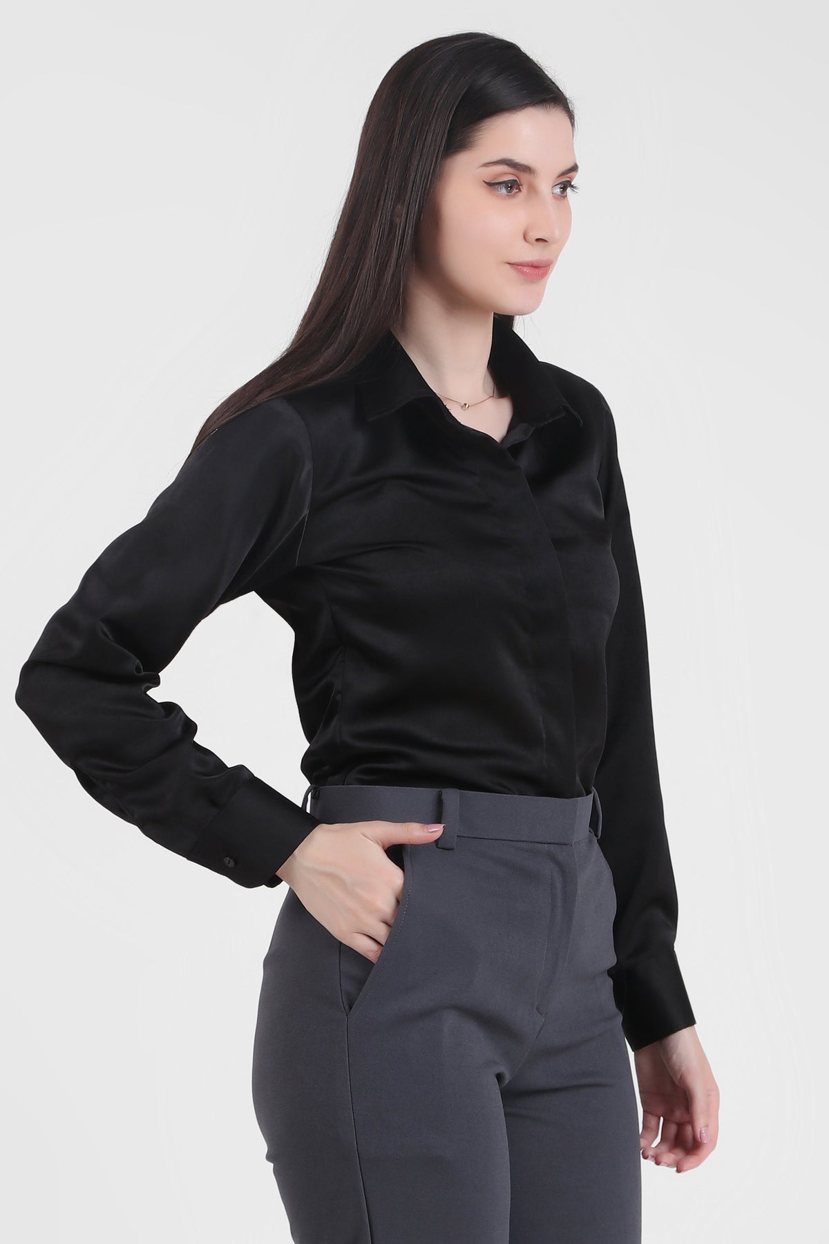 Satin Button Down Full Sleeves Shirt, Black