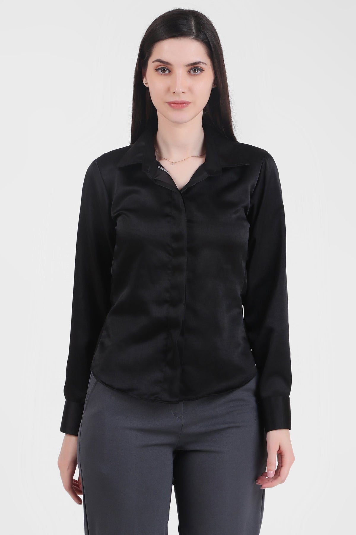 Satin Button Down Full Sleeves Shirt, Black