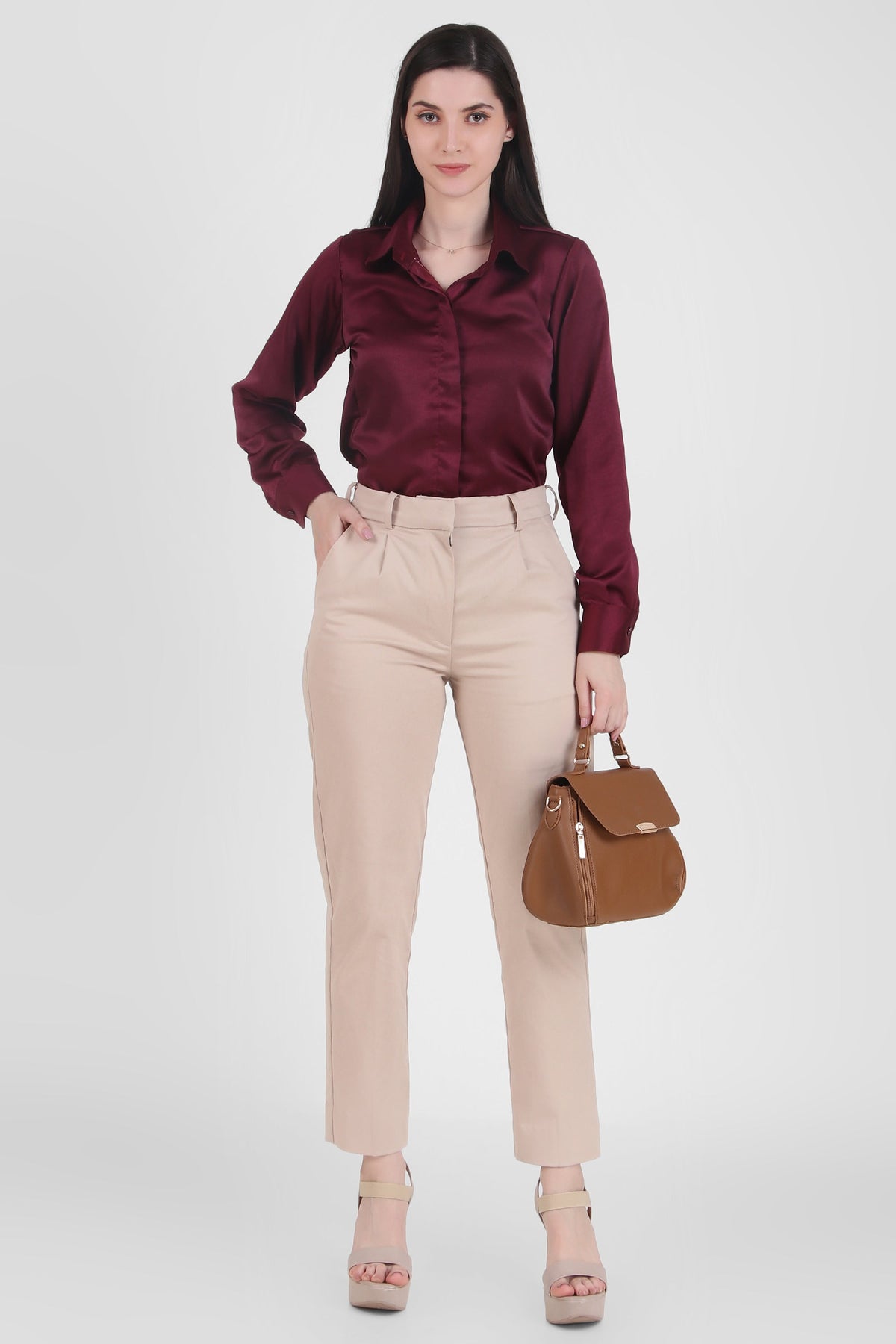 Satin Button Down Full Sleeves Shirt, Wine