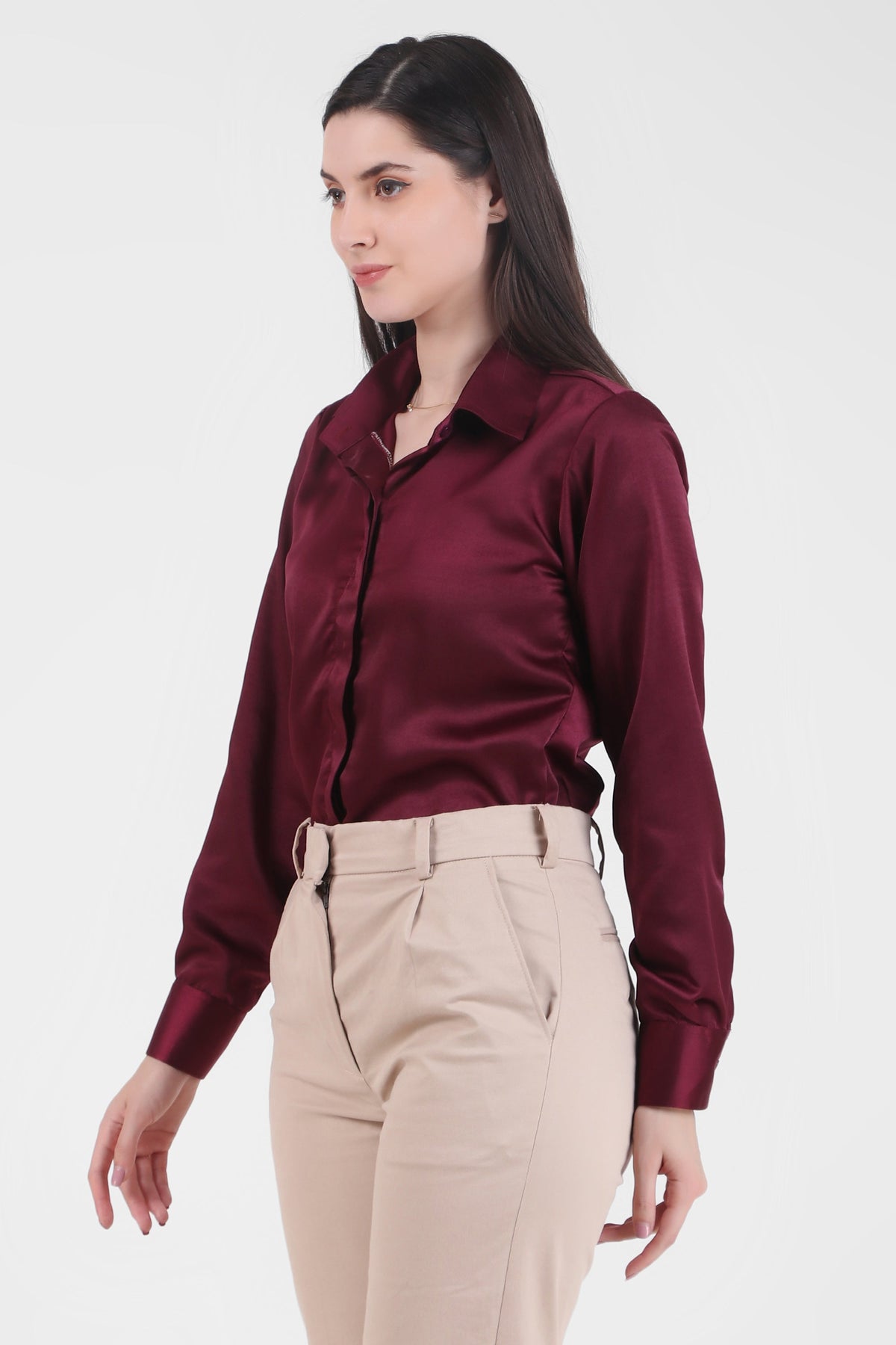 Satin Button Down Full Sleeves Shirt, Wine