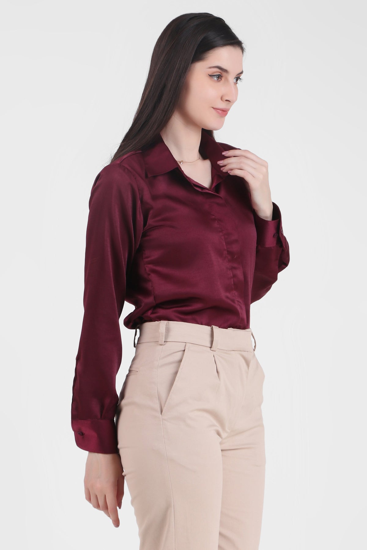 Satin Button Down Full Sleeves Shirt, Wine