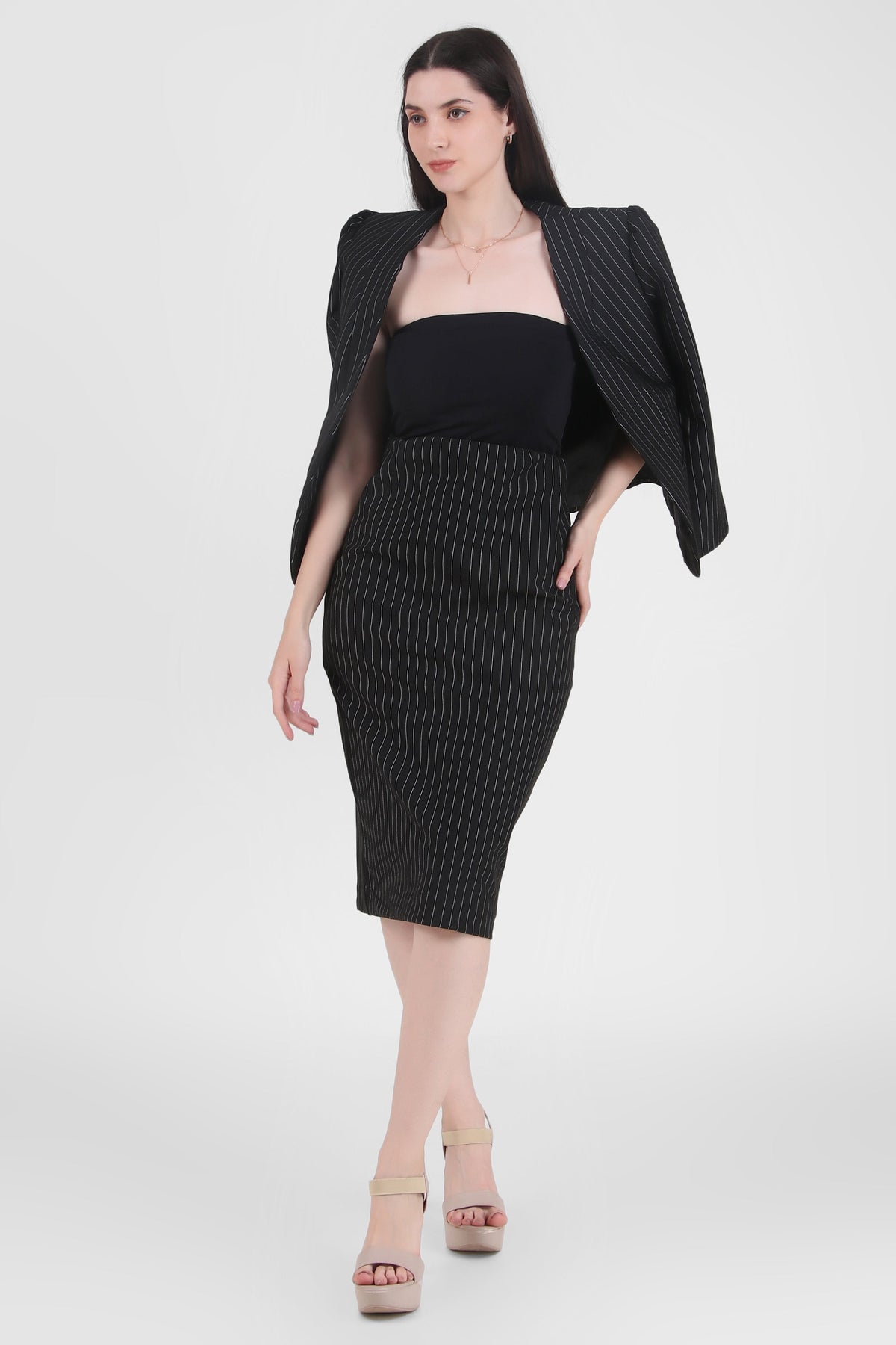 Tailored Pinstripe Black Ponte Midi Skirt