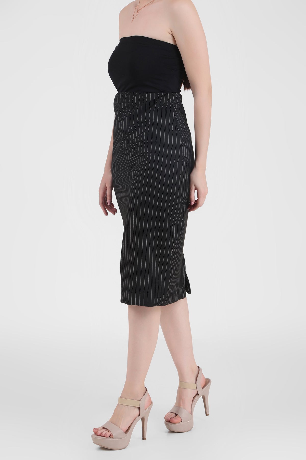 Tailored Pinstripe Black Ponte Midi Skirt