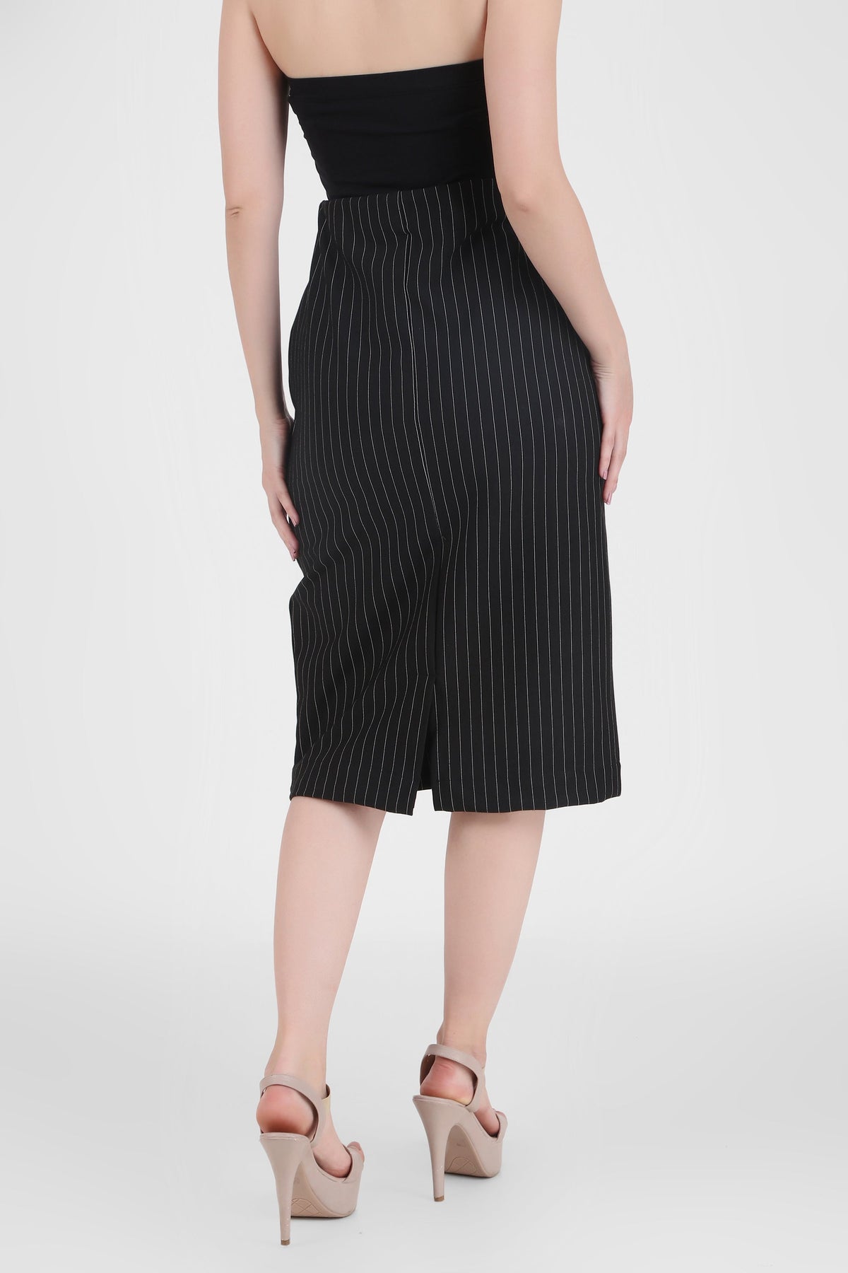 Tailored Pinstripe Black Ponte Midi Skirt