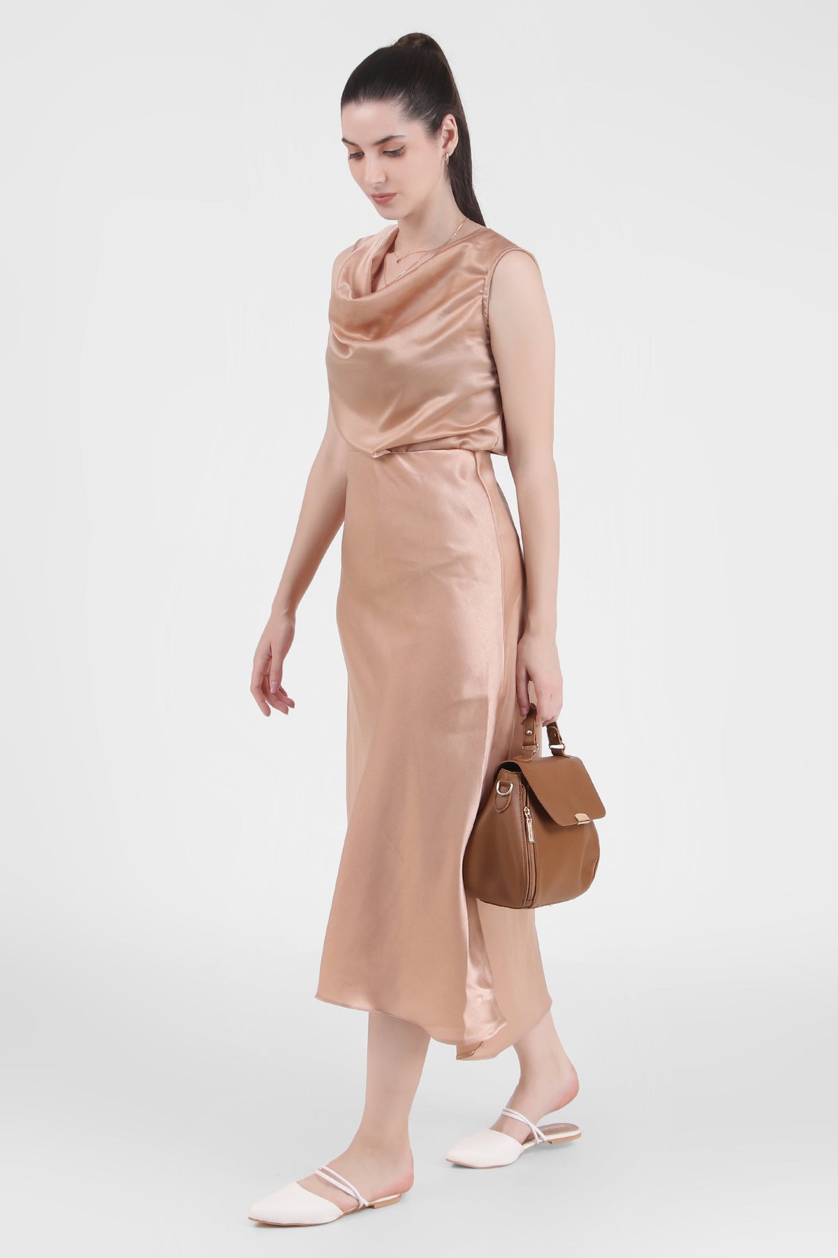 Satin Midi Skirt, Hazelnut