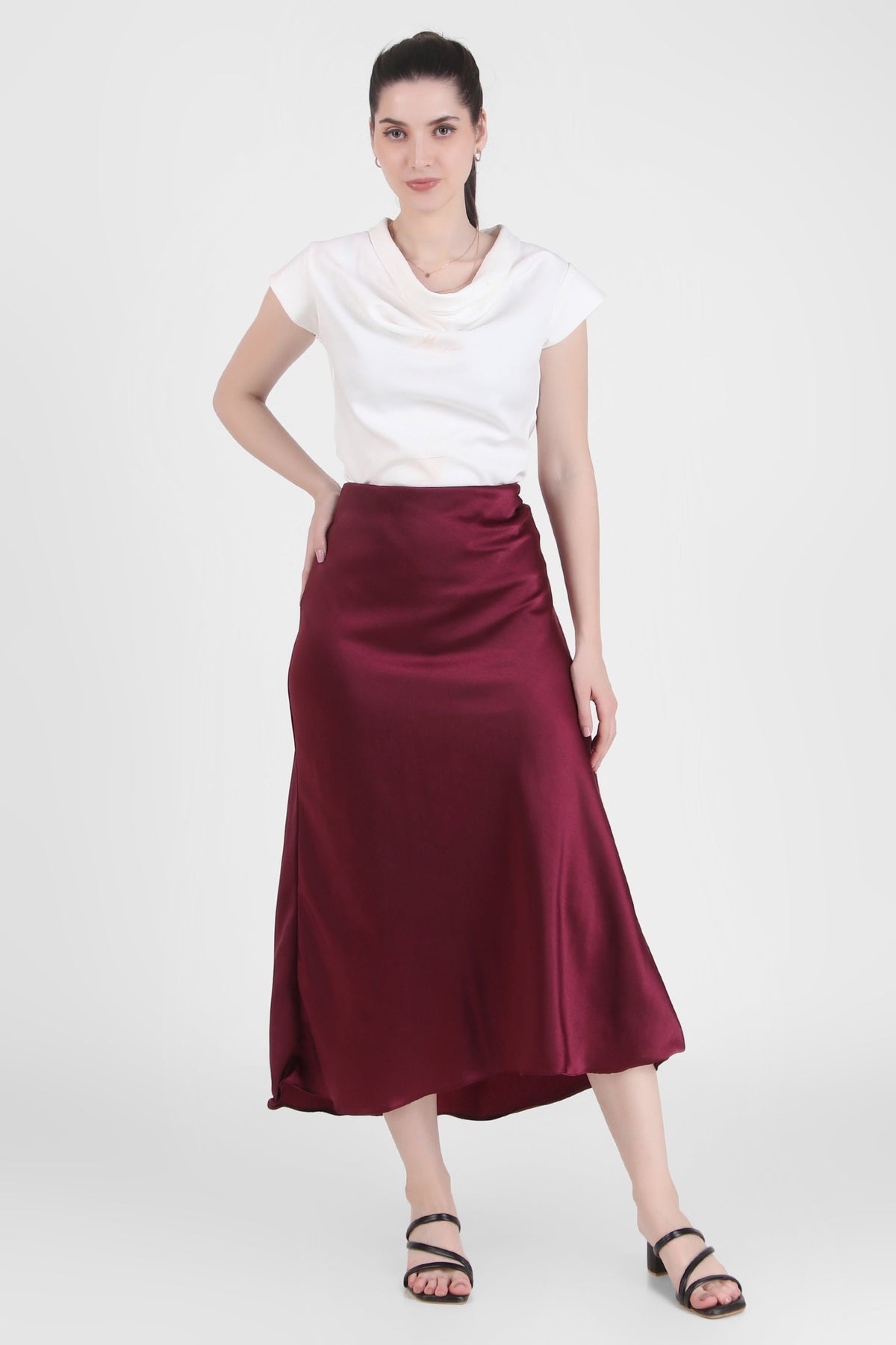 Satin Midi Skirt, Wine