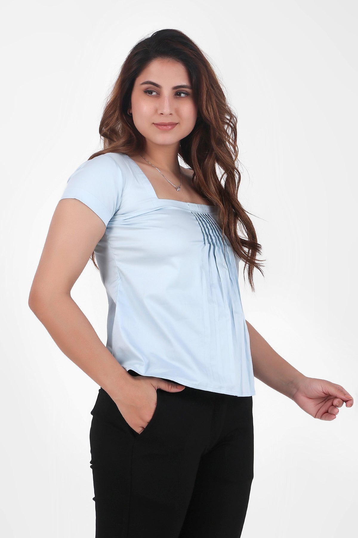 Rectangular Pleated Elegance Top, Sky Blue