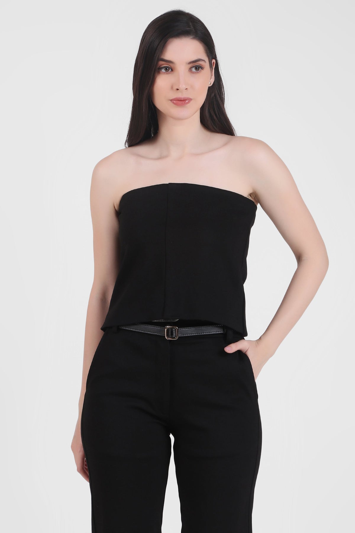 Strapless Cropped Stretch Top, Black