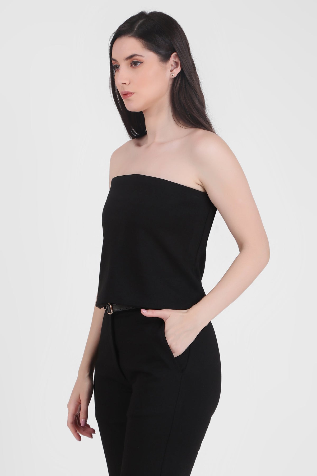 Strapless Cropped Stretch Top, Black