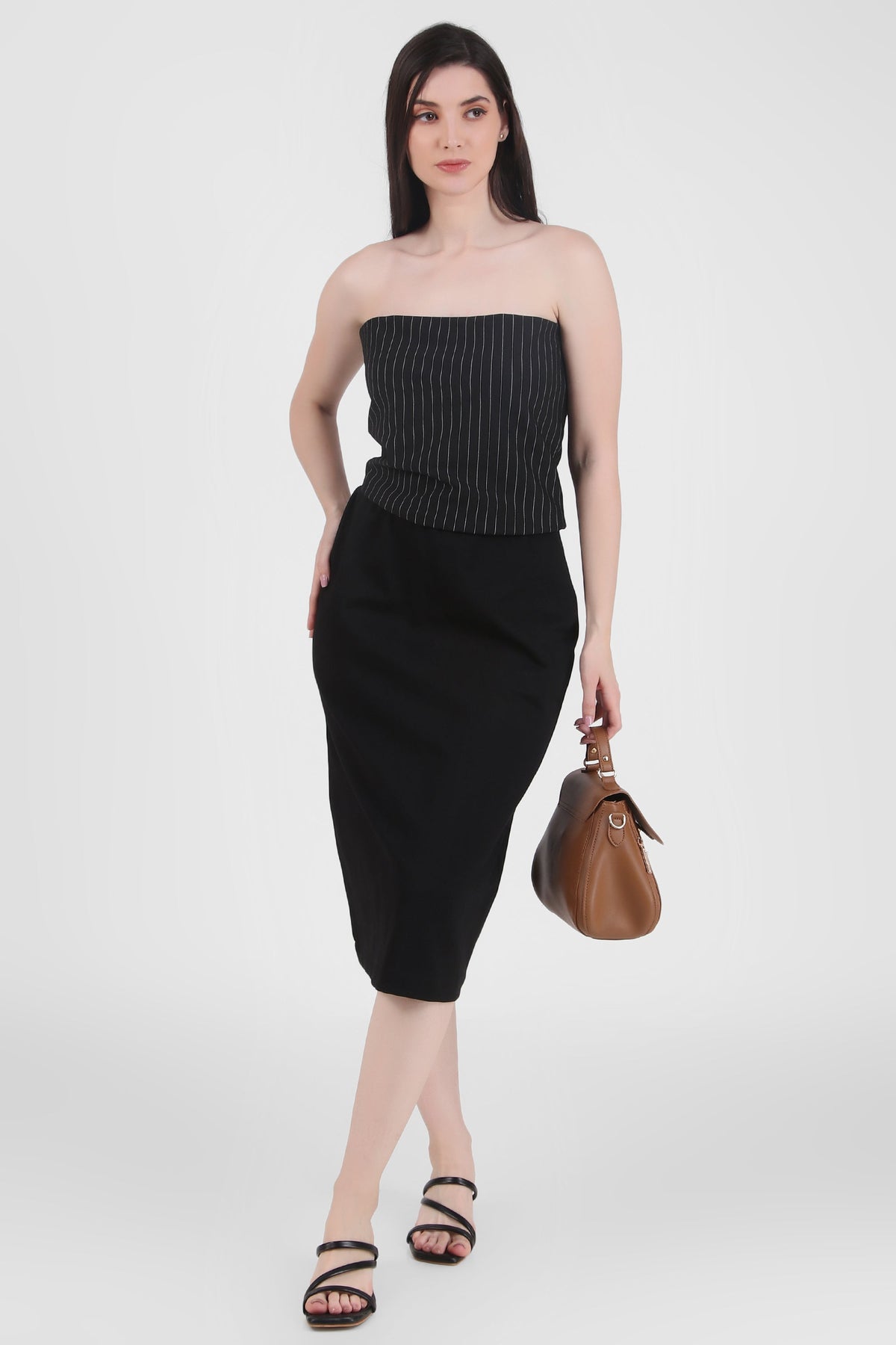 Strapless Cropped Stretch Top, Pinstripe Black