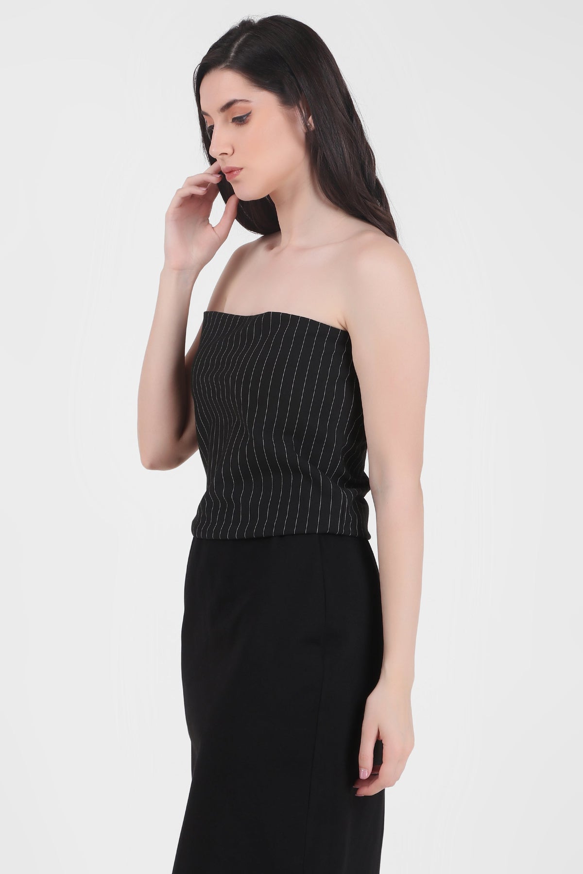 Strapless Cropped Stretch Top, Pinstripe Black