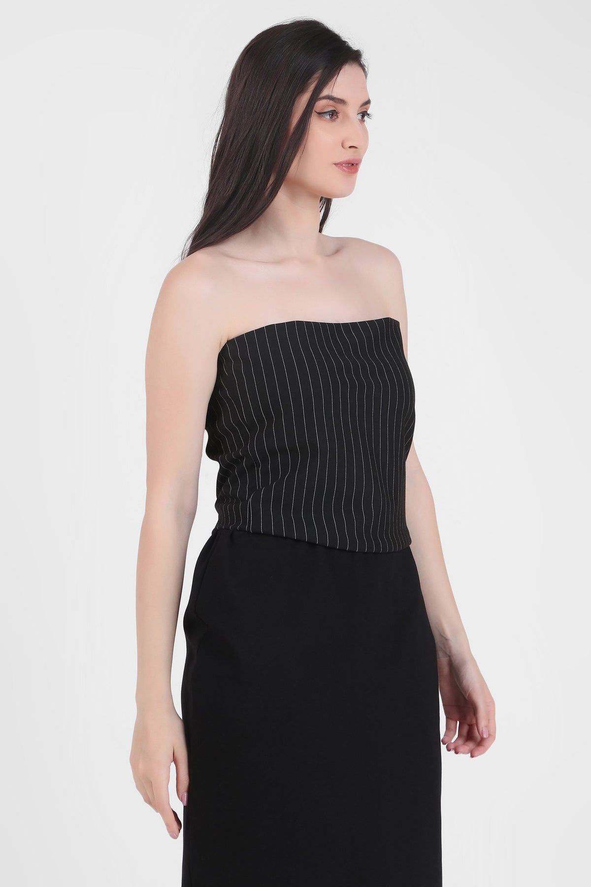 Strapless Cropped Stretch Top, Pinstripe Black