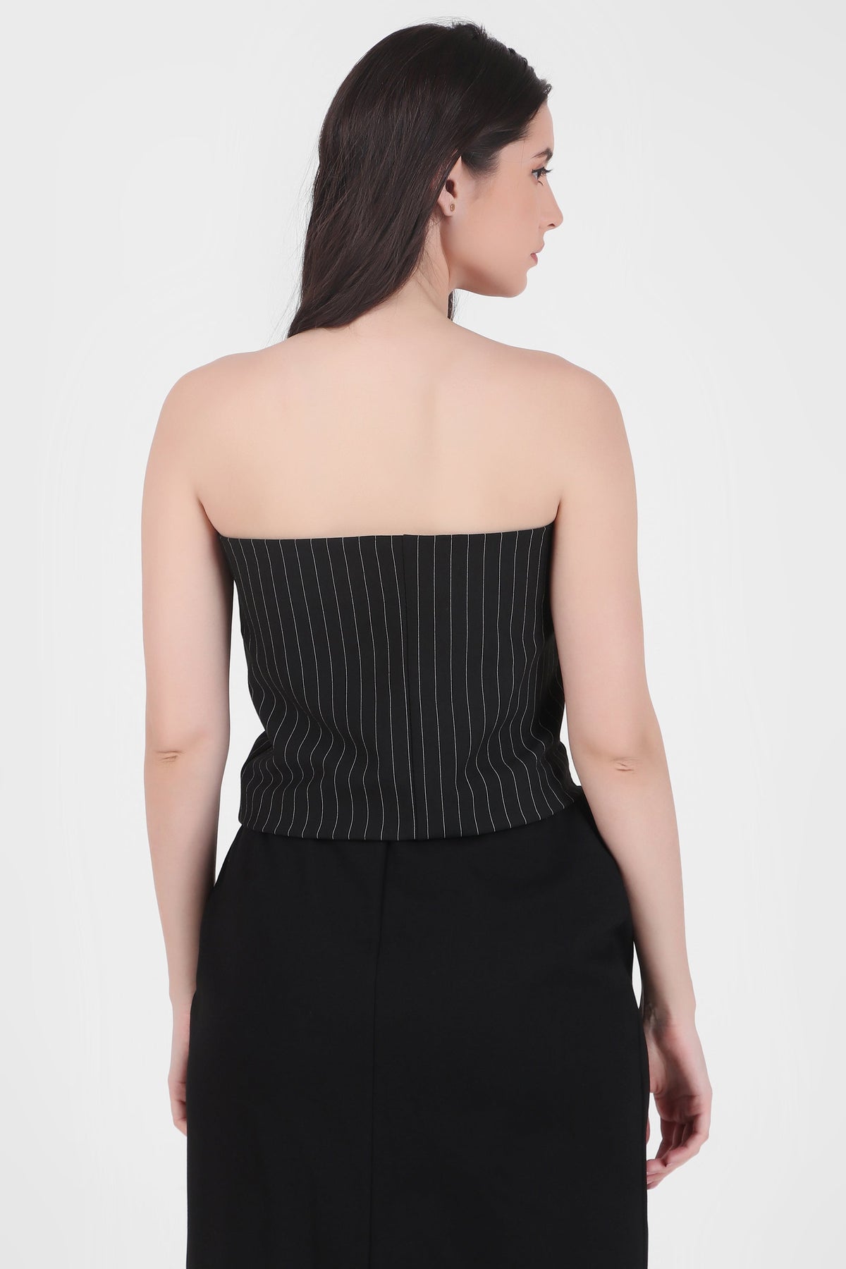 Strapless Cropped Stretch Top, Pinstripe Black