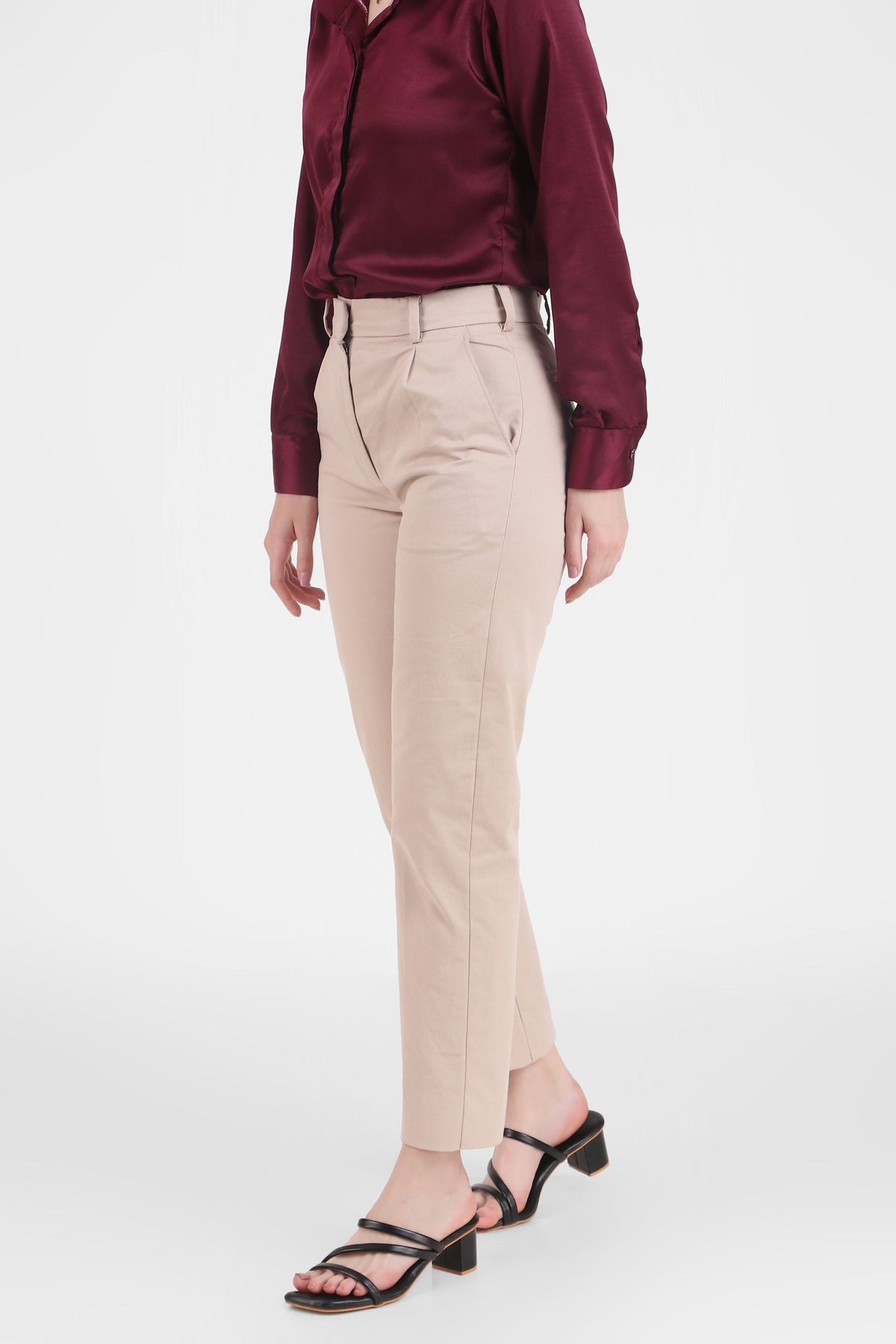 Cotton Straight Fit High Waist Trousers, Beige