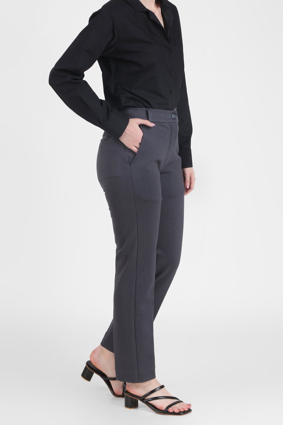 Tapered Fit Stretch Pants (High Rise), Gray