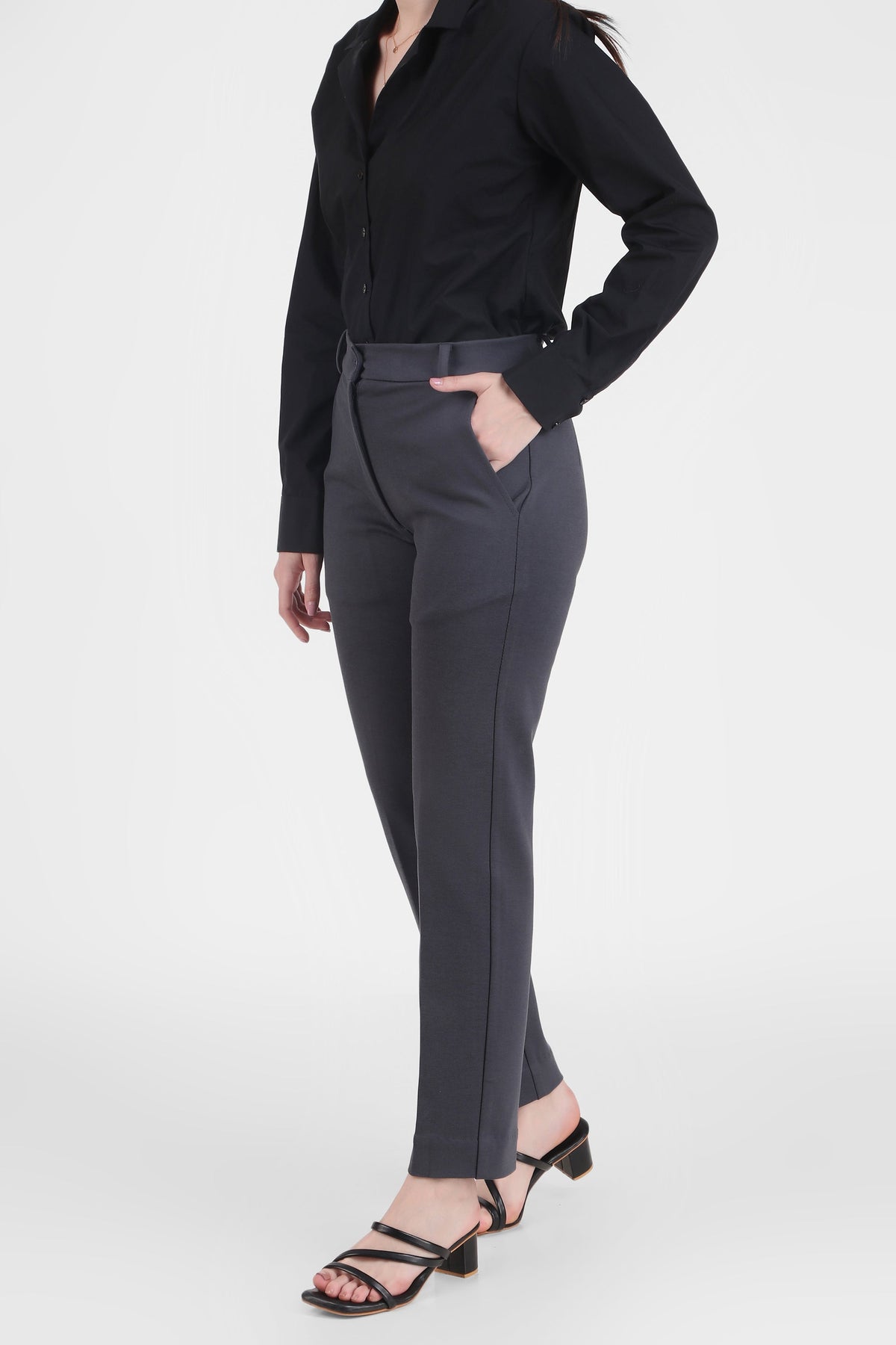 Tapered Fit Stretch Pants (High Rise), Gray