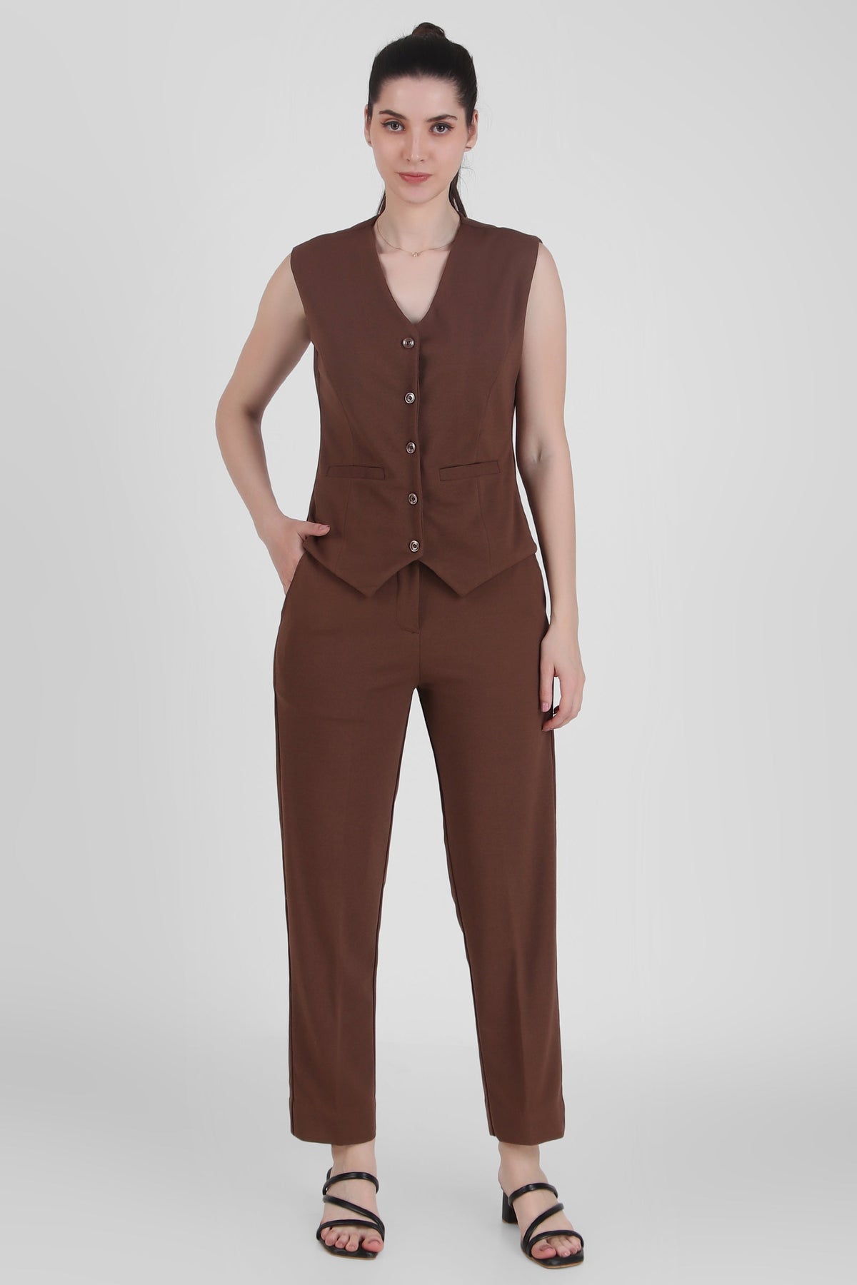 V Neck Tailored Waistcoat, Brown