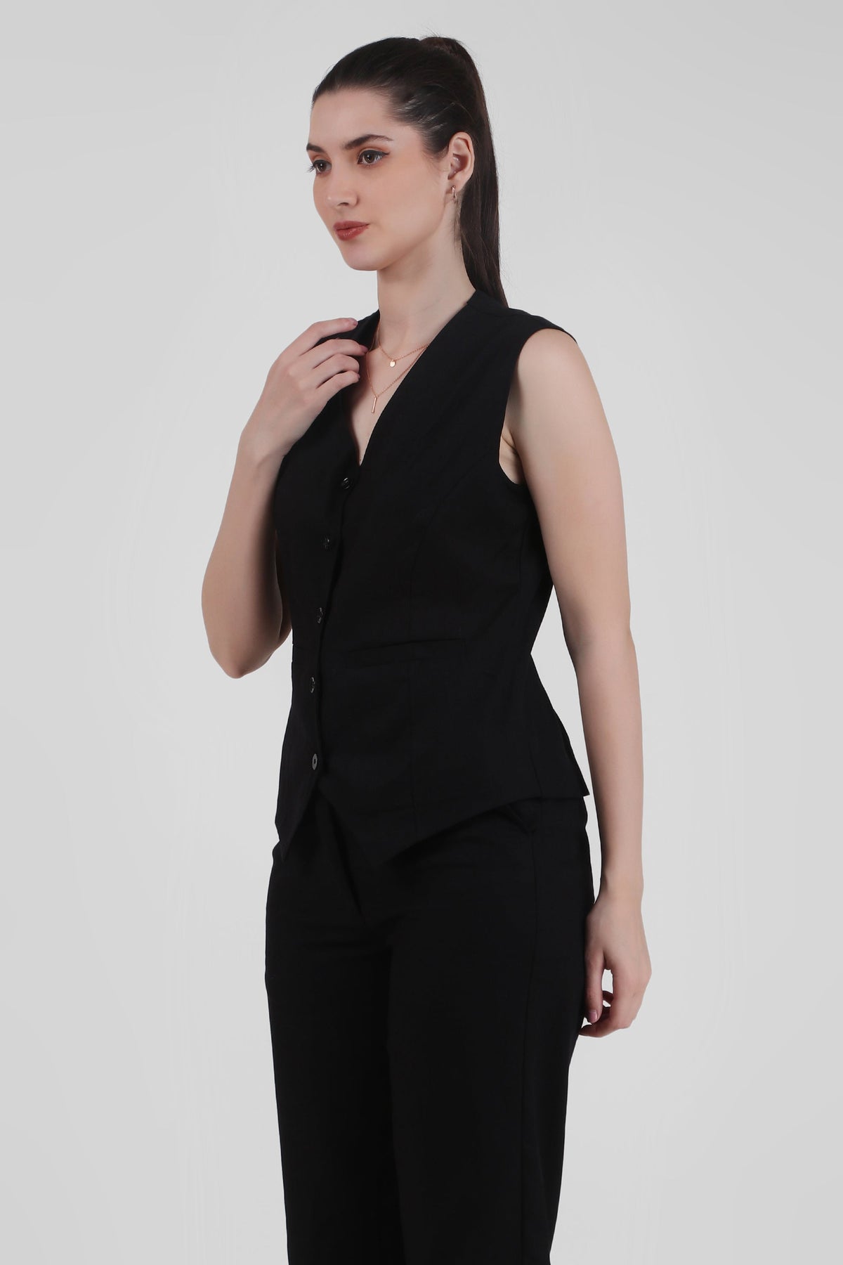 Linen Blend, V Neck Tailored Waistcoat, Black