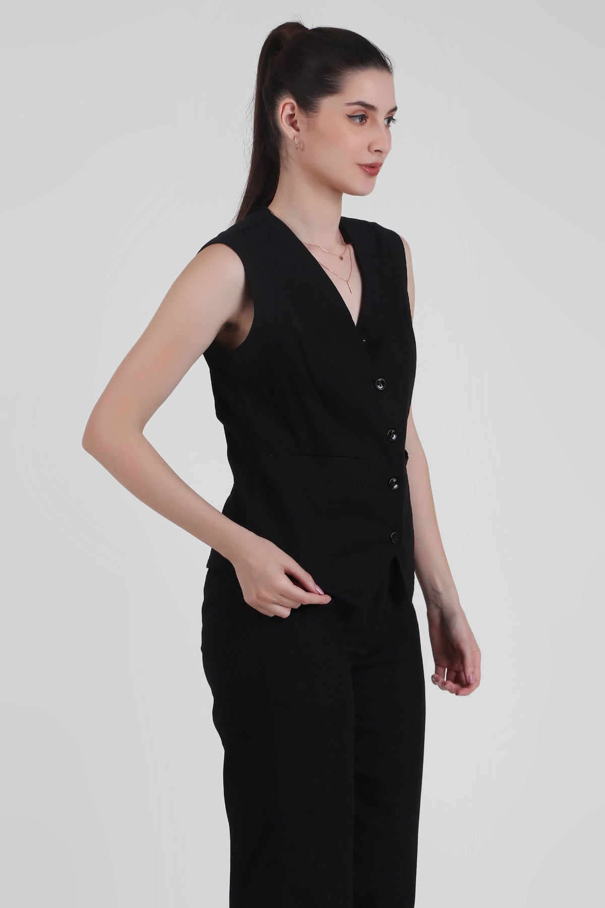 Linen Blend, V Neck Tailored Waistcoat, Black