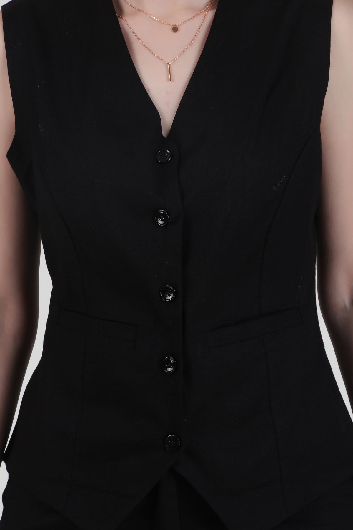 Linen Blend, V Neck Tailored Waistcoat, Black