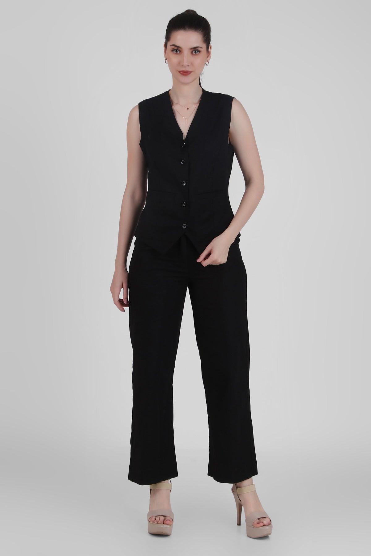 Linen Blend, V Neck Tailored Waistcoat, Black