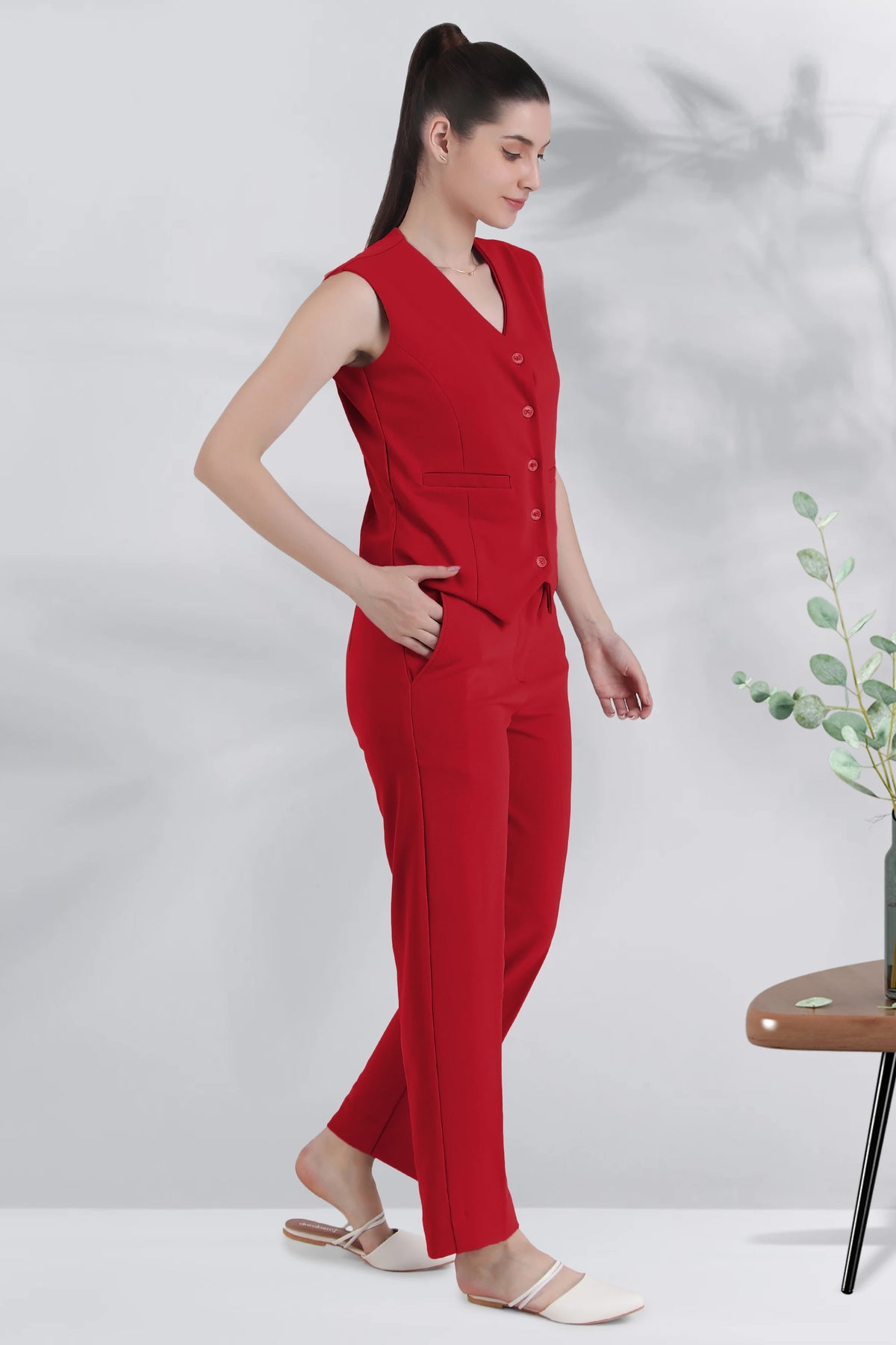 V Neck Tailored Waistcoat, Red