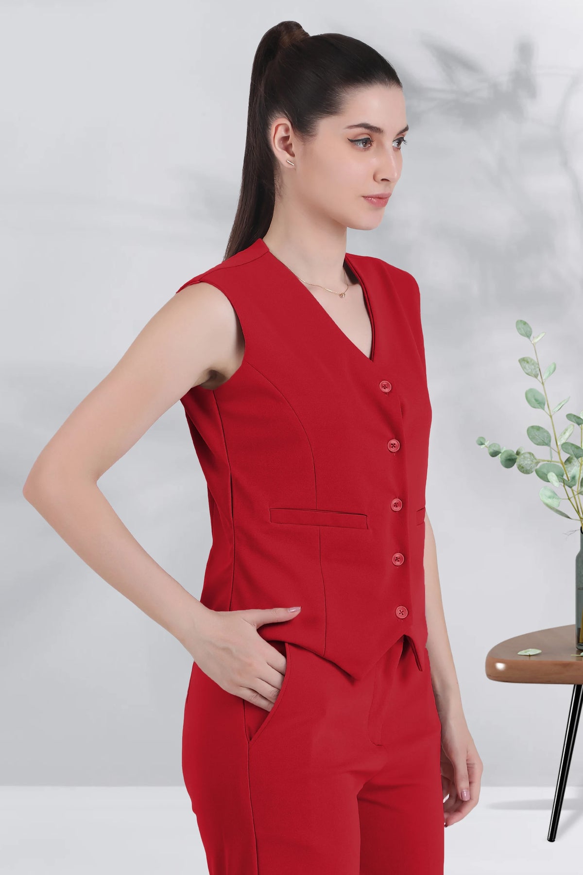 V Neck Tailored Waistcoat, Red
