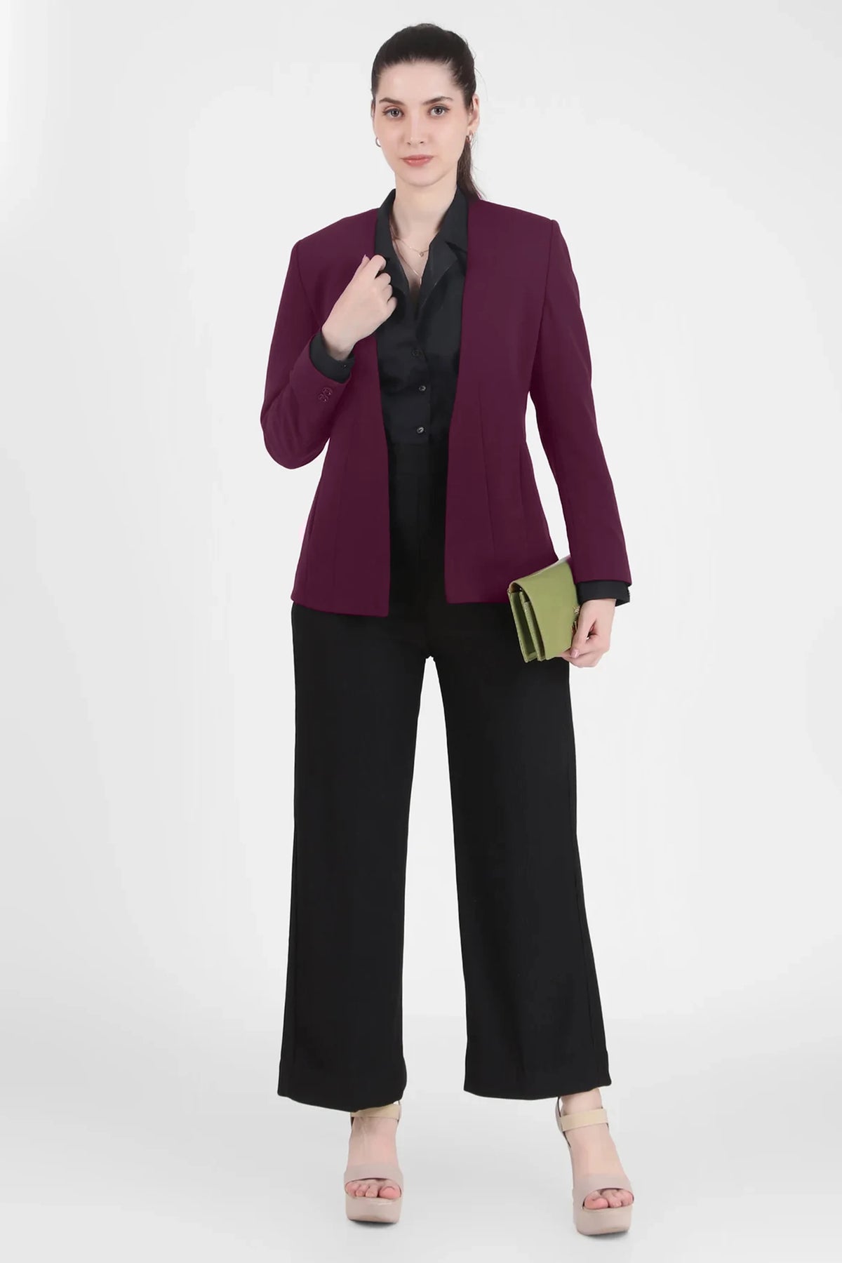 Front Open Style Stretch Crepe Blazer, Plum