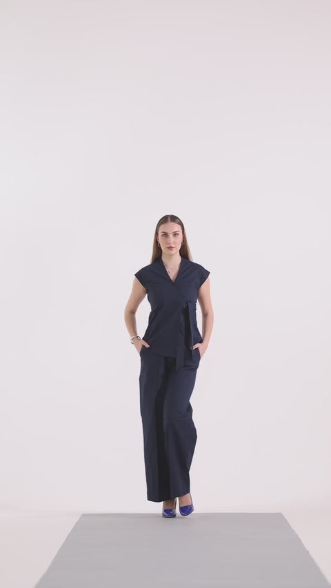 Wrap Style Waistcoat and Pintuck Trousers Co-ord Set – Navy Blue Linen