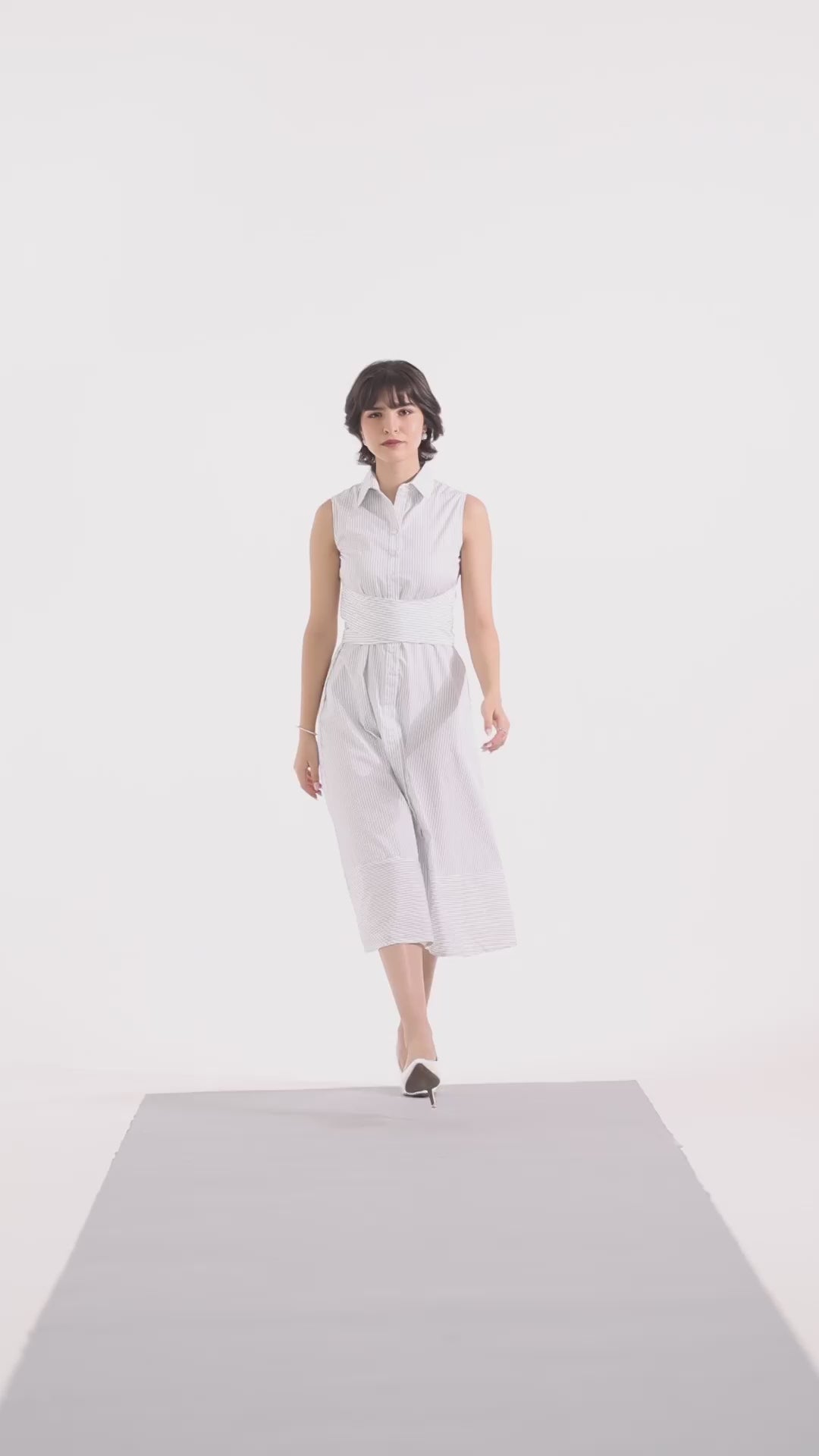 Signature 2-Ply Pinstripe A-Line Dress – Off White & Blue