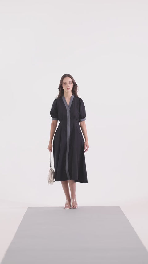 Black Precision Pleated Cotton Midi Dress