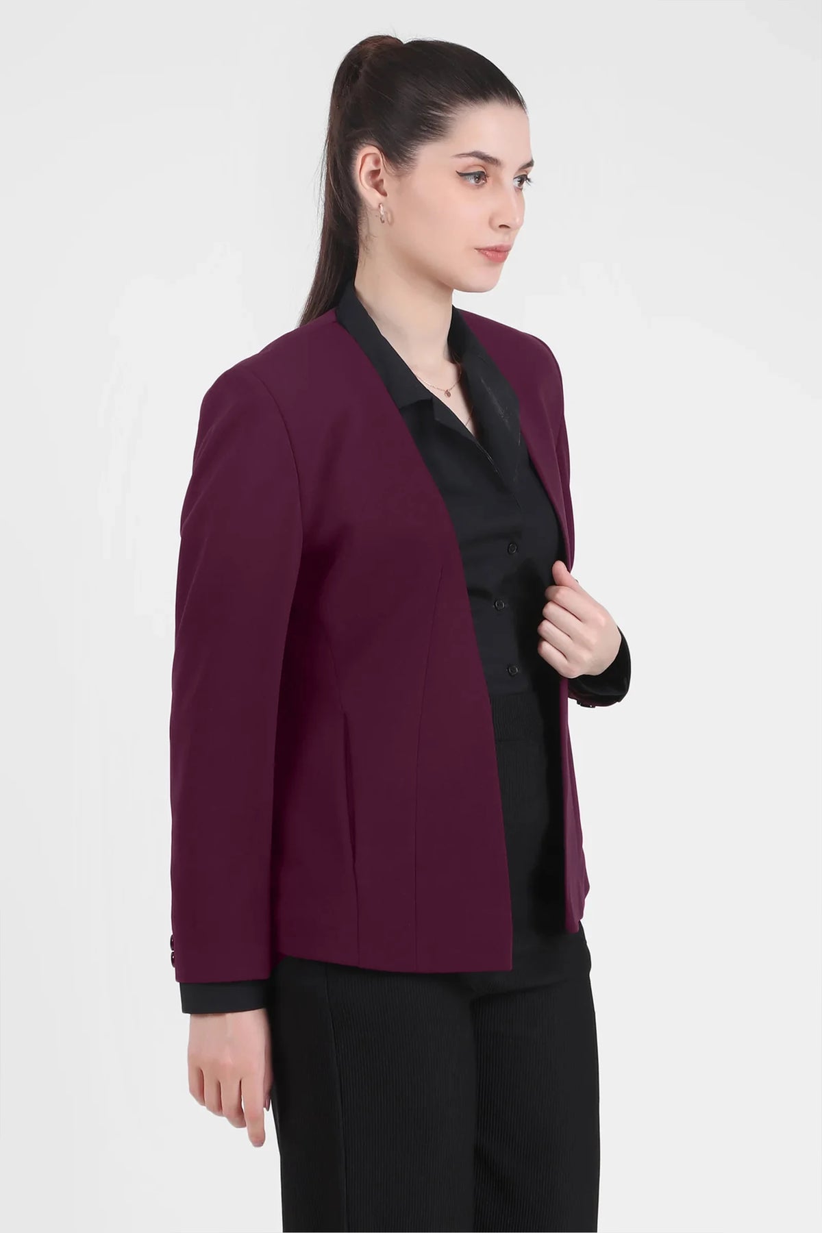 Front Open Style Stretch Crepe Blazer, Plum